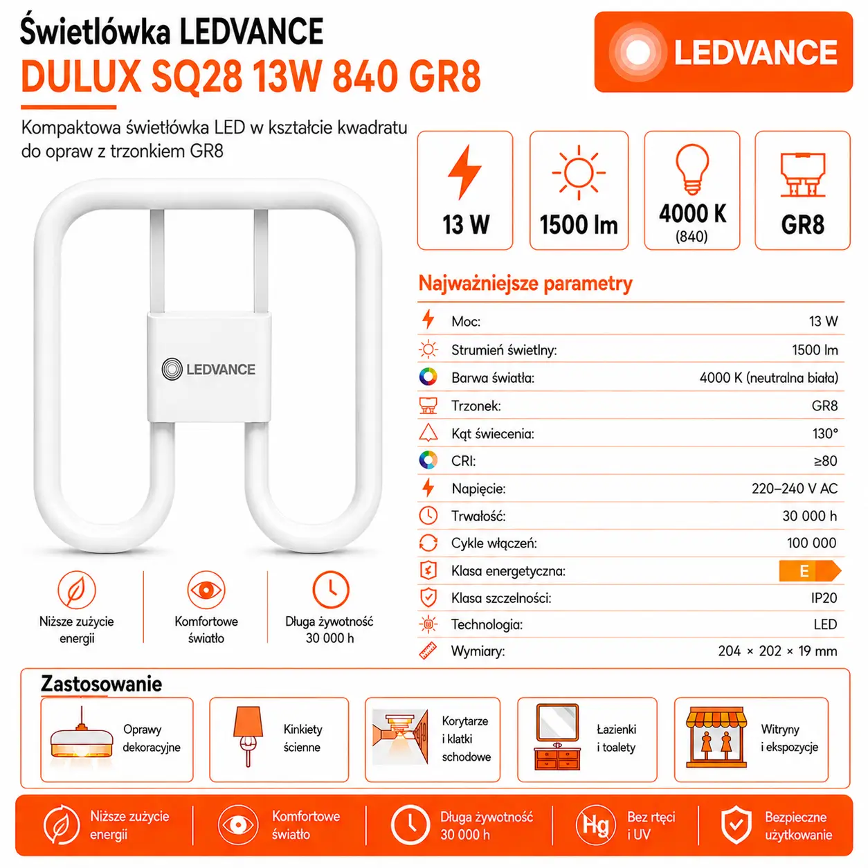 Świetlówka LED DULUX SQ28 13W=28W GR8 4000K 1500lm EM230V