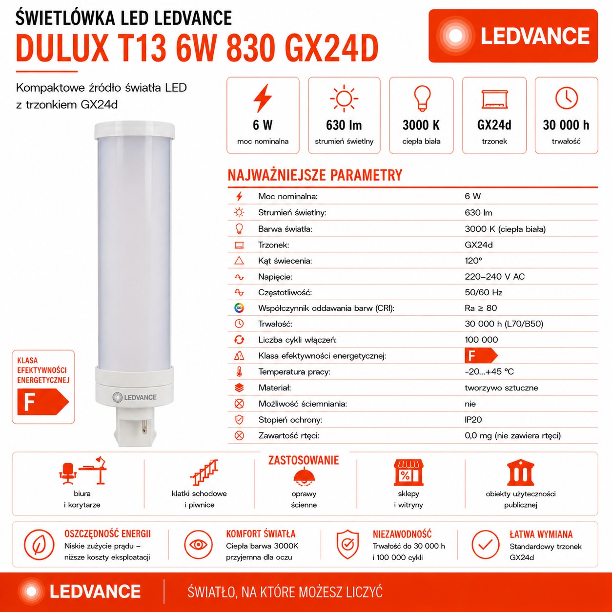 Świetlówka LED DULUX T13 6W=13W 2P Gx24d-1 3000K 630lm biała ciepła EM 230V