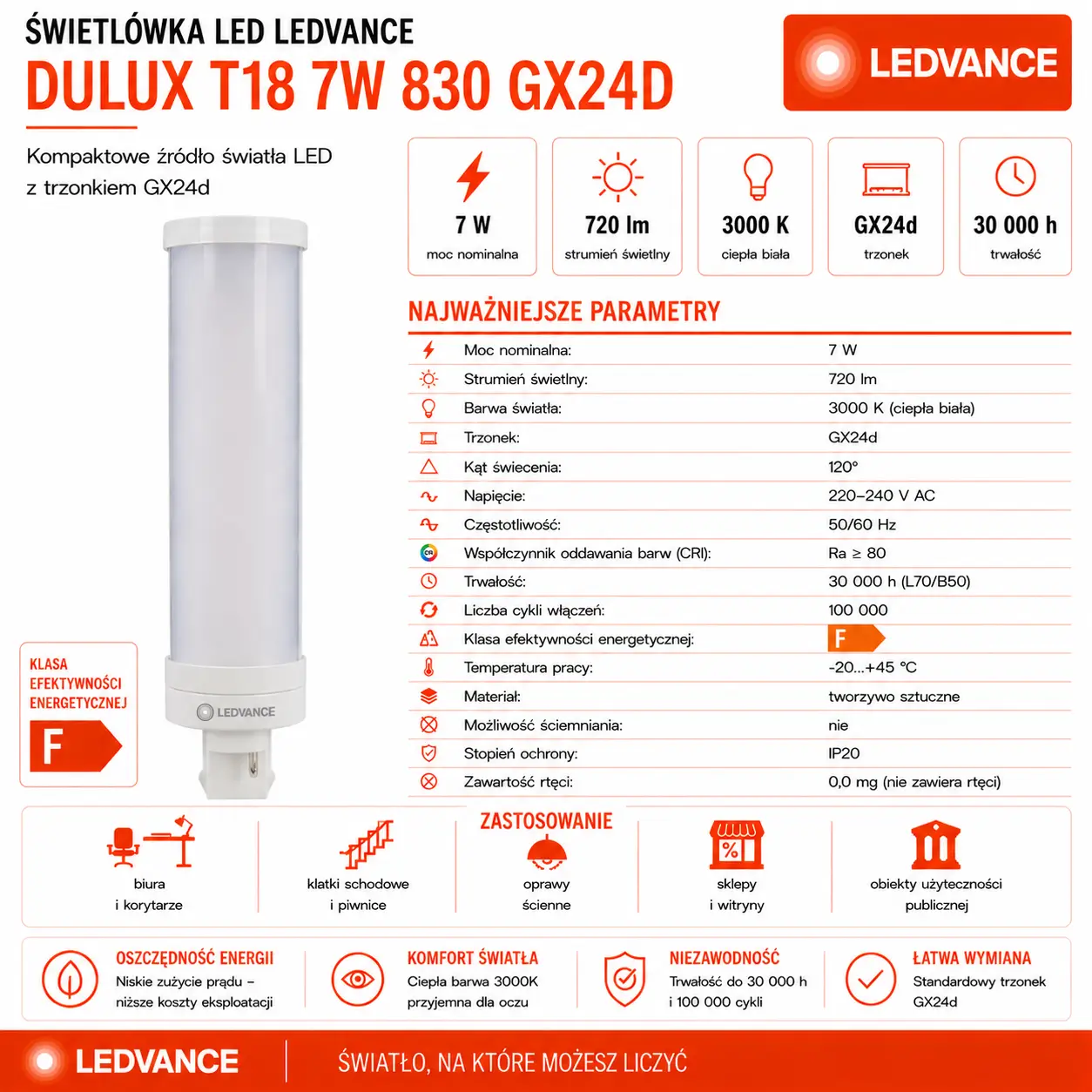 Świetlówka LED DULUX T18 7W=18W 2P Gx24d-2 3000K 720lm biała ciepła EM 230V