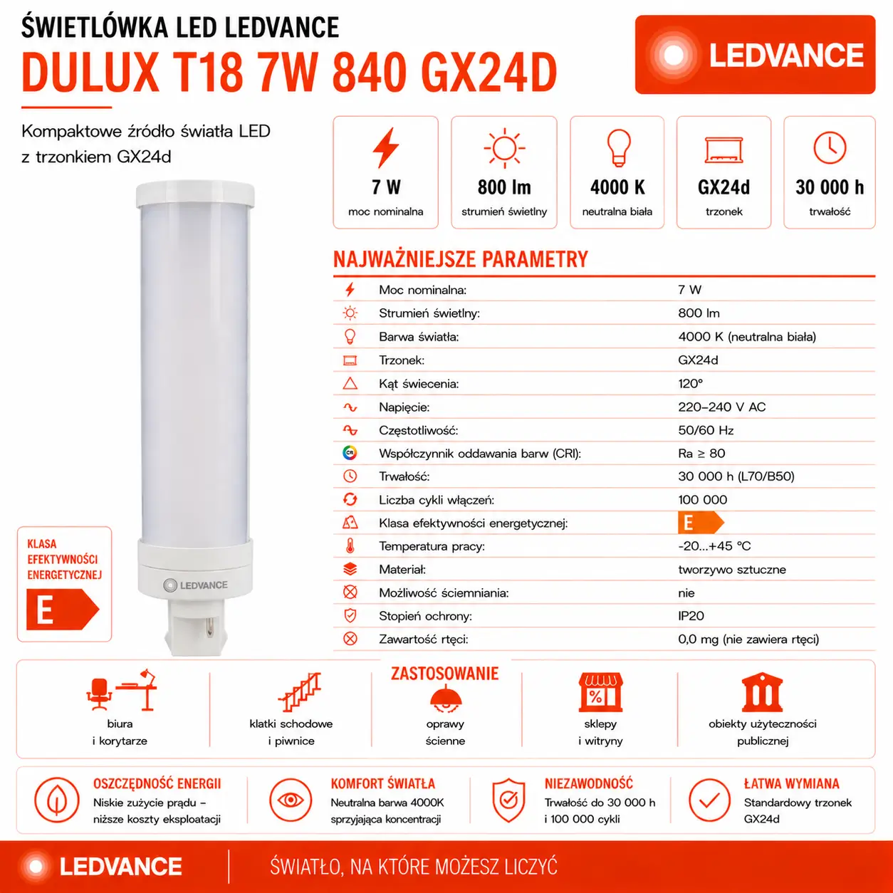 Świetlówka LED DULUX T18 7W=18W 2P Gx24d-2 4000K 800lm biała neutralna EM230V
