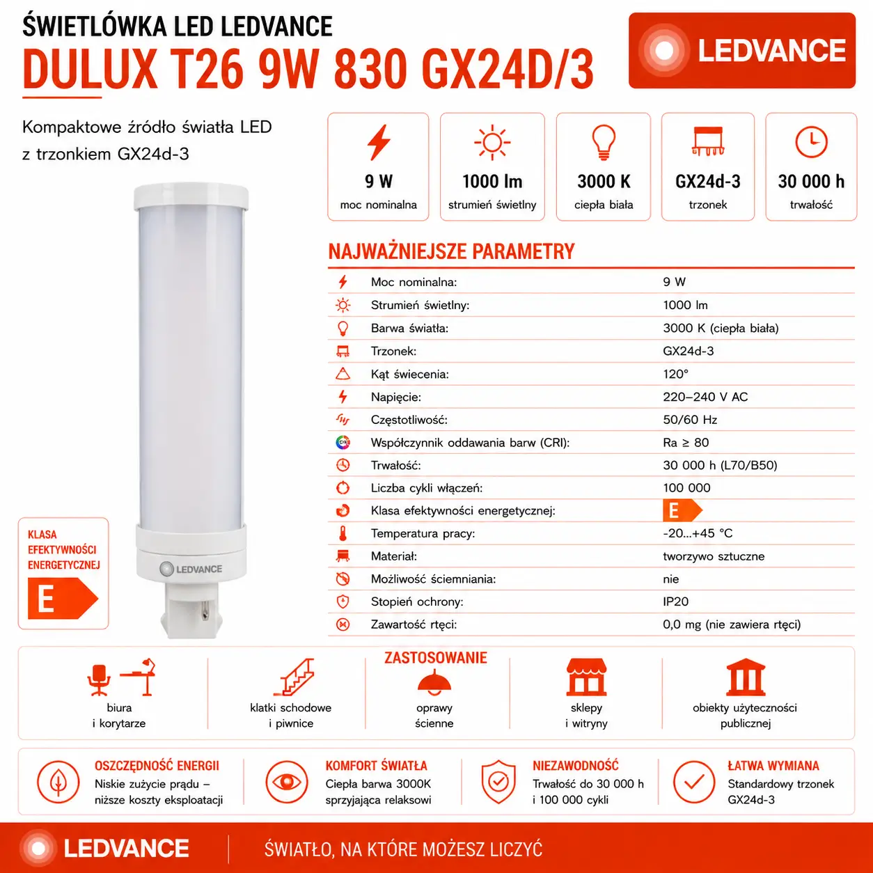 Świetlówka LED DULUX T26 9W=26W 2P Gx24d-3 3000K 1000lm biała ciepła EM230V