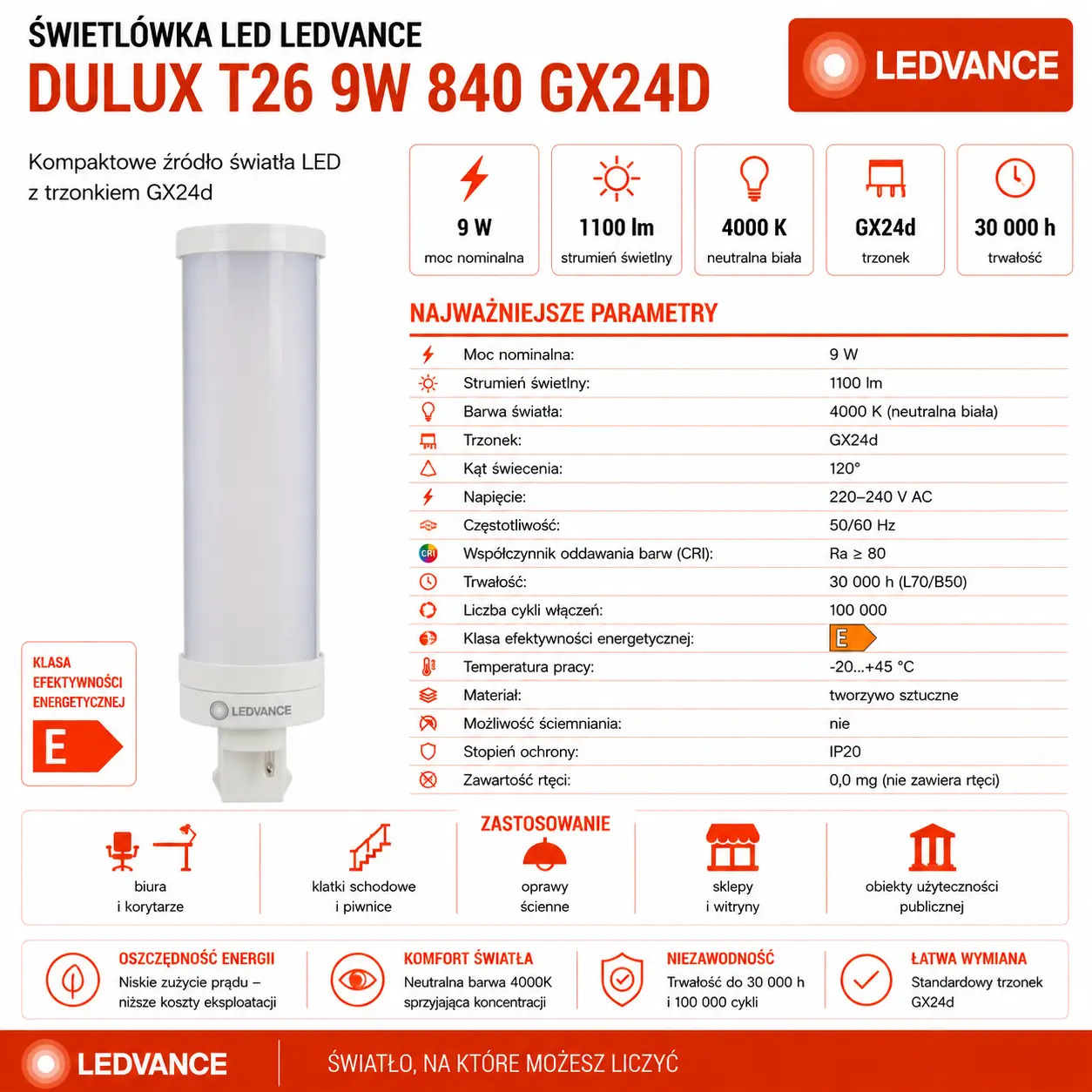 Świetlówka LED DULUX T26 9W=26W 2P Gx24d-3 4000K 1100lm biała neutralna  EM 230V