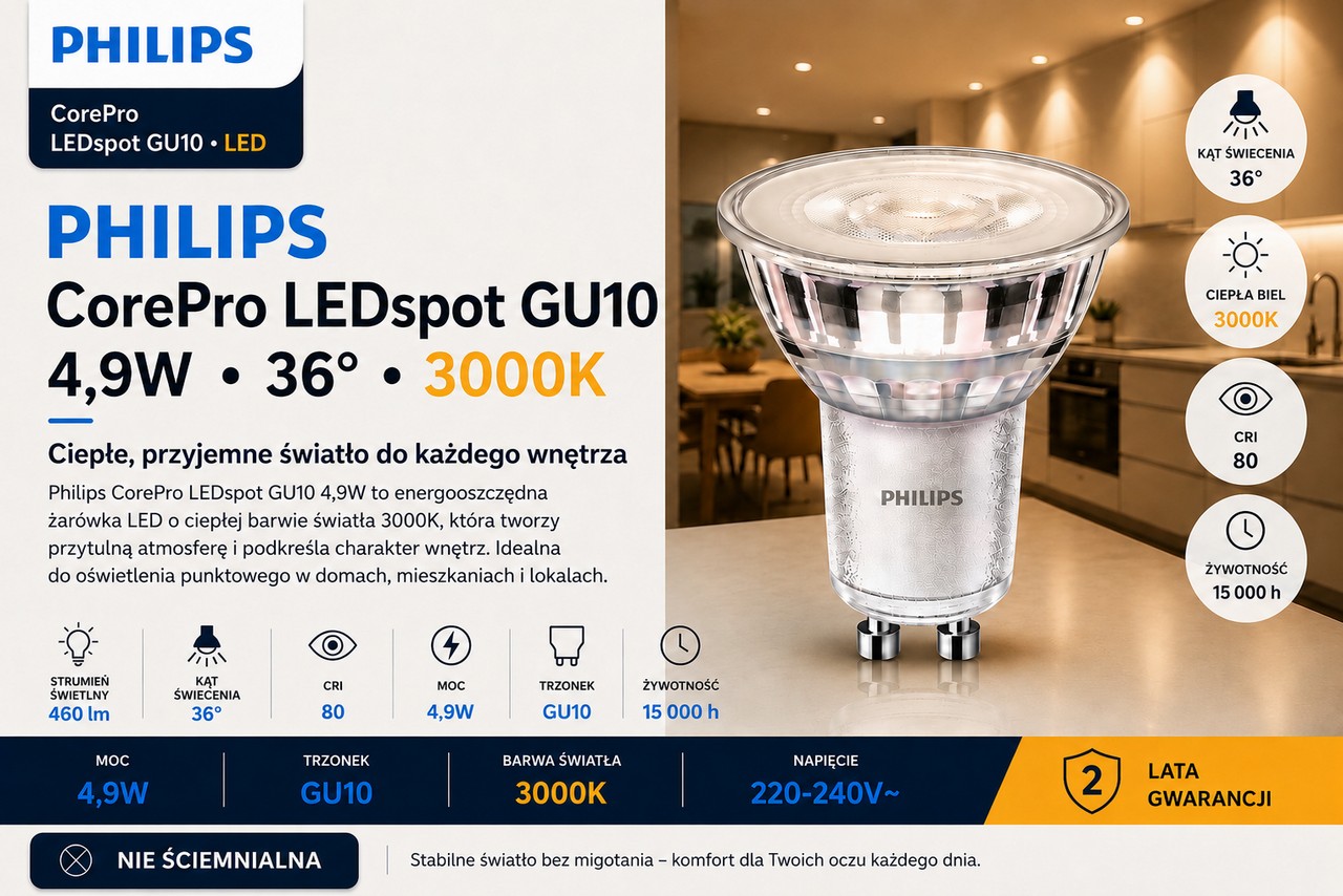 Żarówka LED CorePro LEDspot 4.9-65W GU10 830 36D