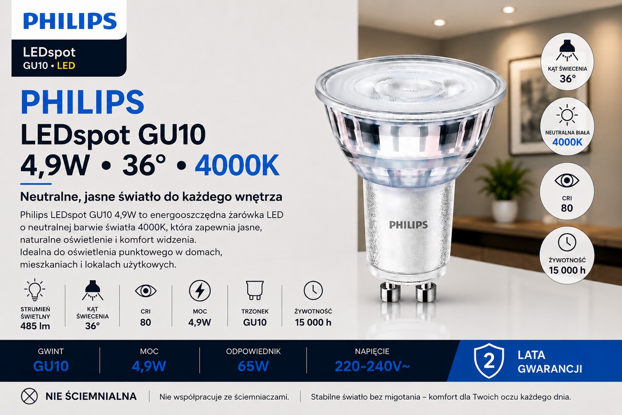 Żarówka LED CorePro LEDspot 4.9-65W GU10 840 36D ND biała neutralna 485lm