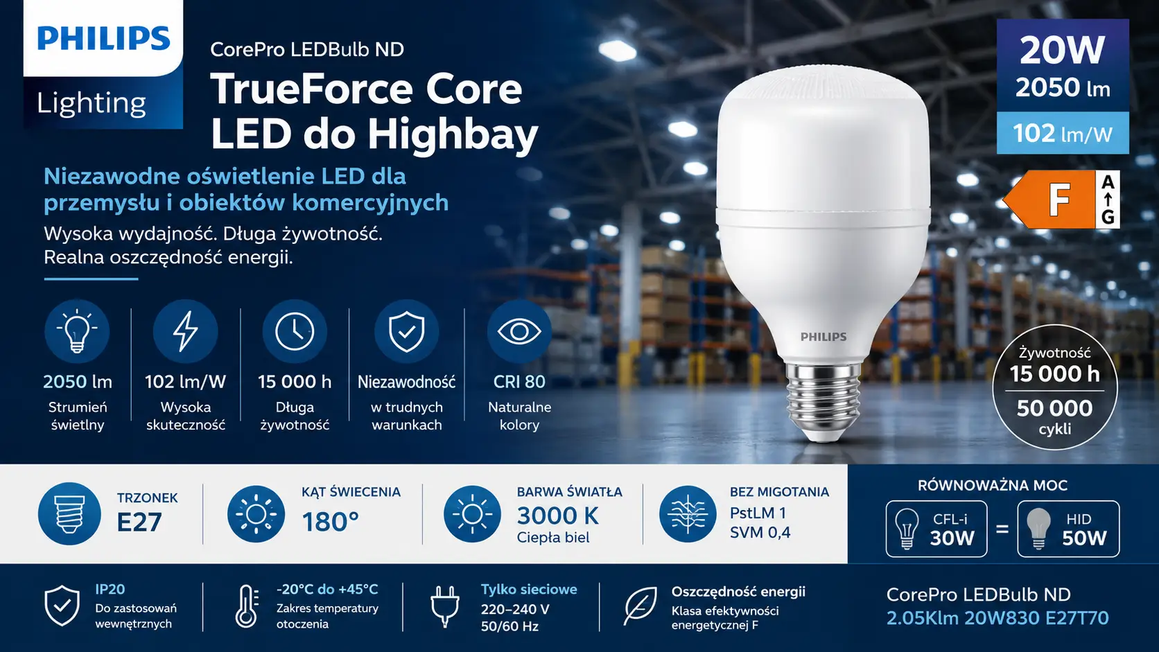 Żarówka LED E27 20W 3000K 2050 lm TrueForce Core T70