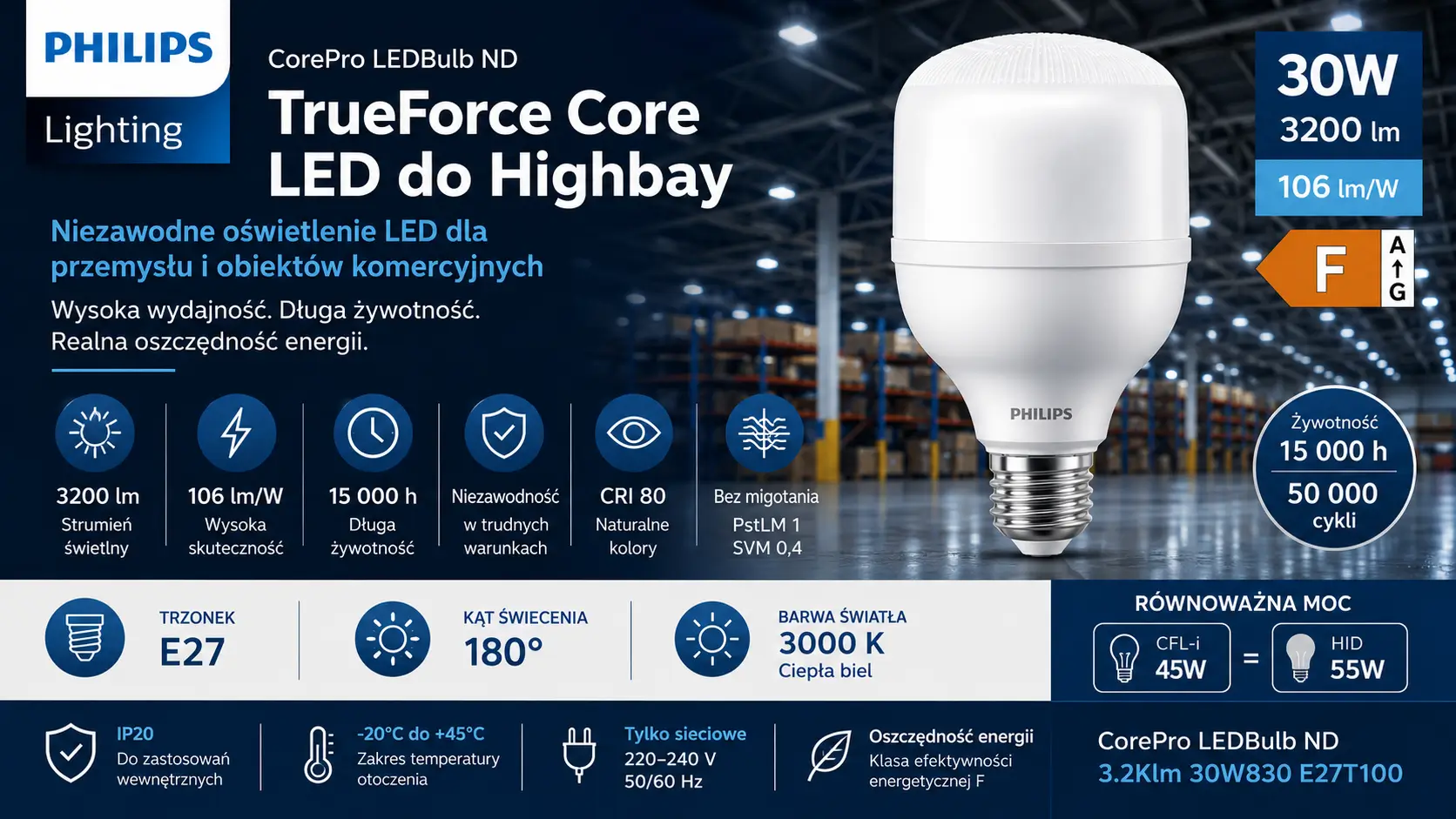 Żarówka LED E27 30W 3000K 3200 lm TrueForce Core T100