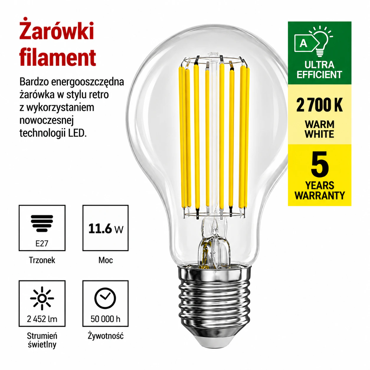Żarówka LED E27 A70 11,6W 2452lm 2700K klasa A