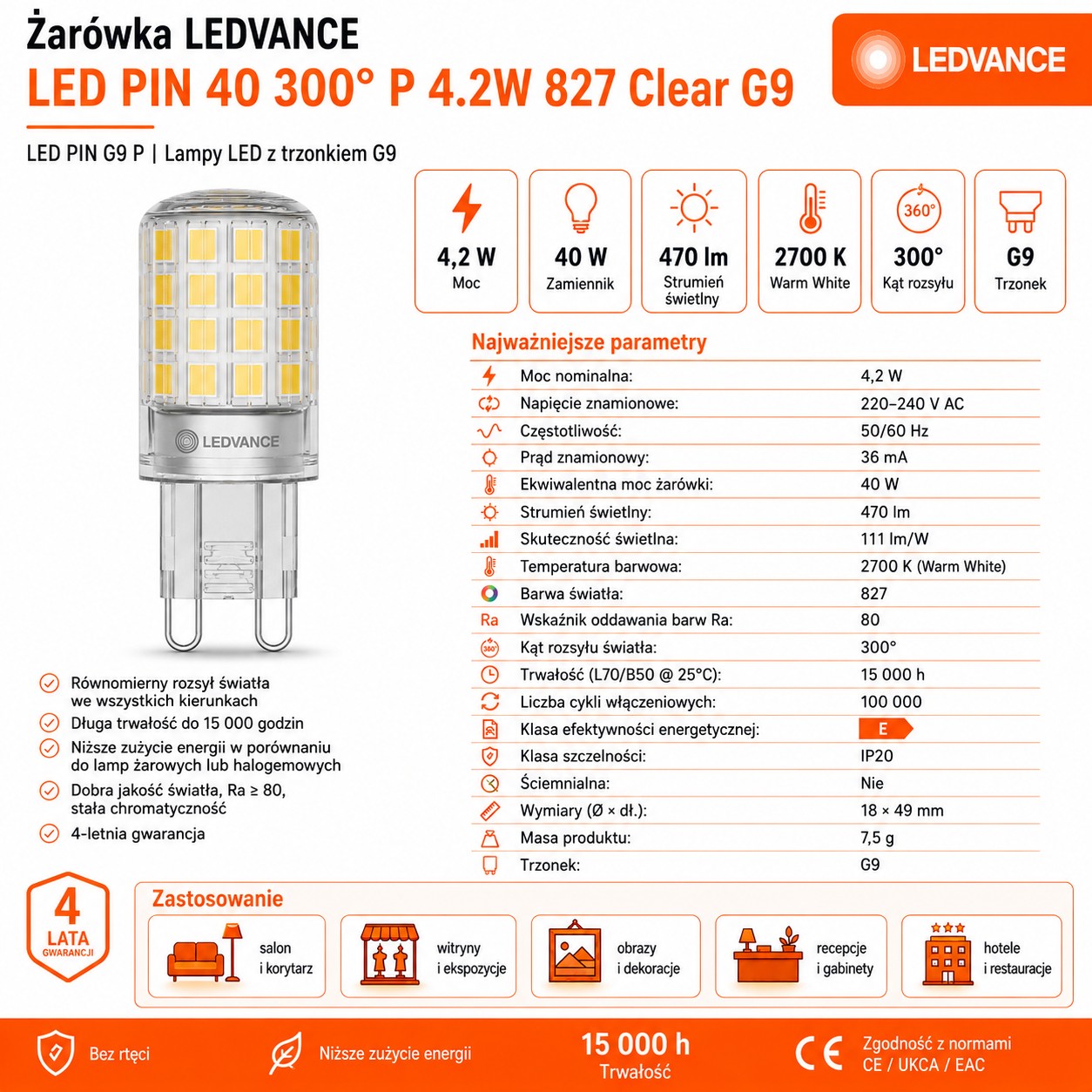Żarówka LED G9 4.2W 2700K 470lm Clear PIN40 300°