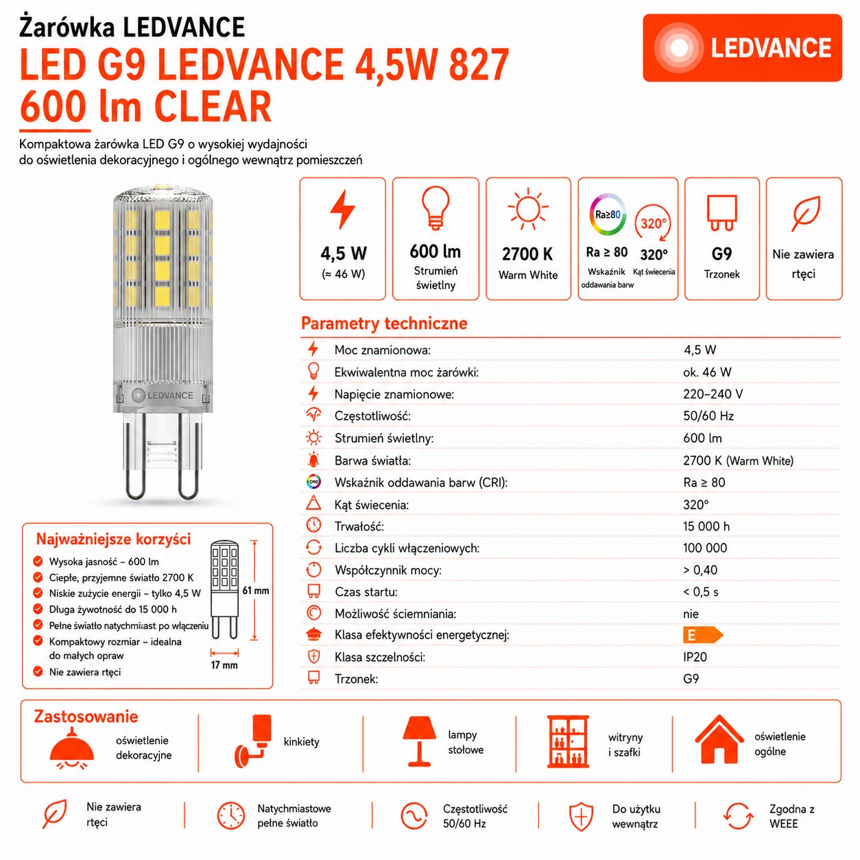 Żarówka LED G9 4.5W 2700K 600lm Clear PIN48 320°