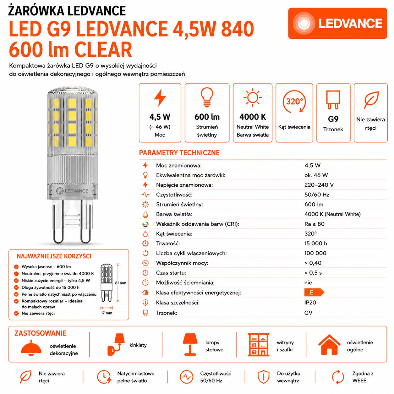 Żarówka LED G9 4.5W 4000K 600lm Clear PIN48 320° (id: 33733)