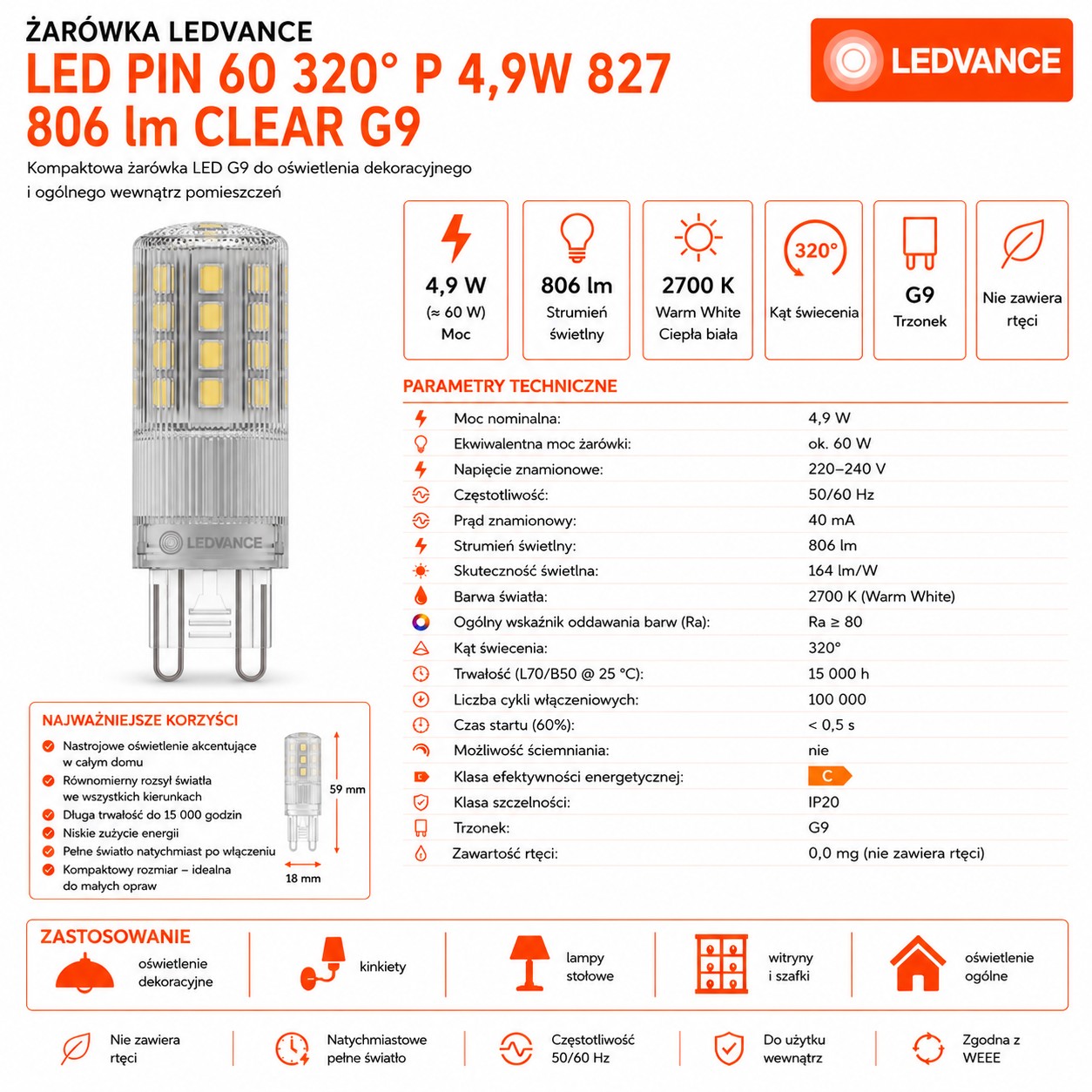 Żarówka LED G9 4.9W=60W 2700K 806lm Clear PIN60 320° 