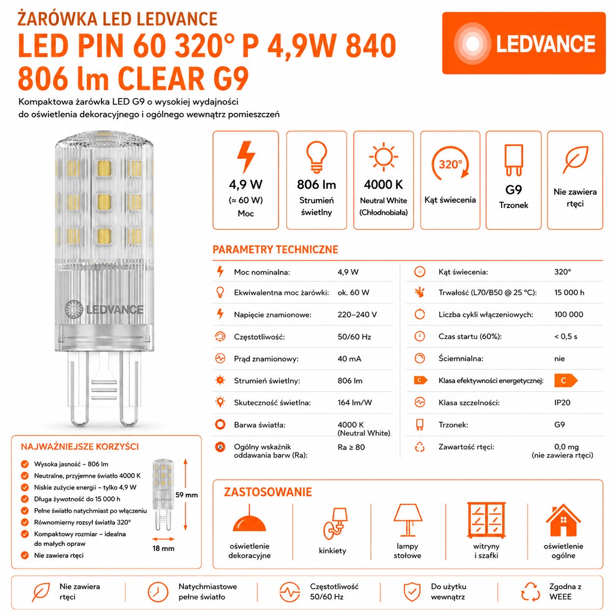 Żarówka LED G9 4.9W=60W 4000K 806lm Clear PIN60 320°
