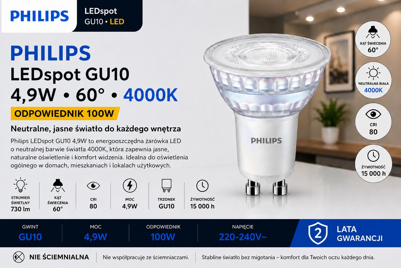 Żarówka LED Philips CorePro 6,7W-100W 730lm 60D LEDspot MV GU10 840 biała neutralna 4000K
