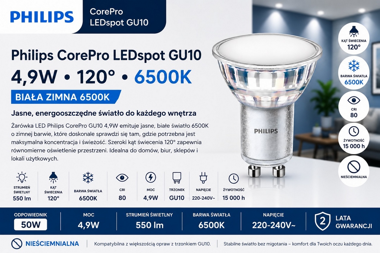Żarówka LED Philips CorePro LEDspot 550lm GU10 865 120D – Biała Zimna