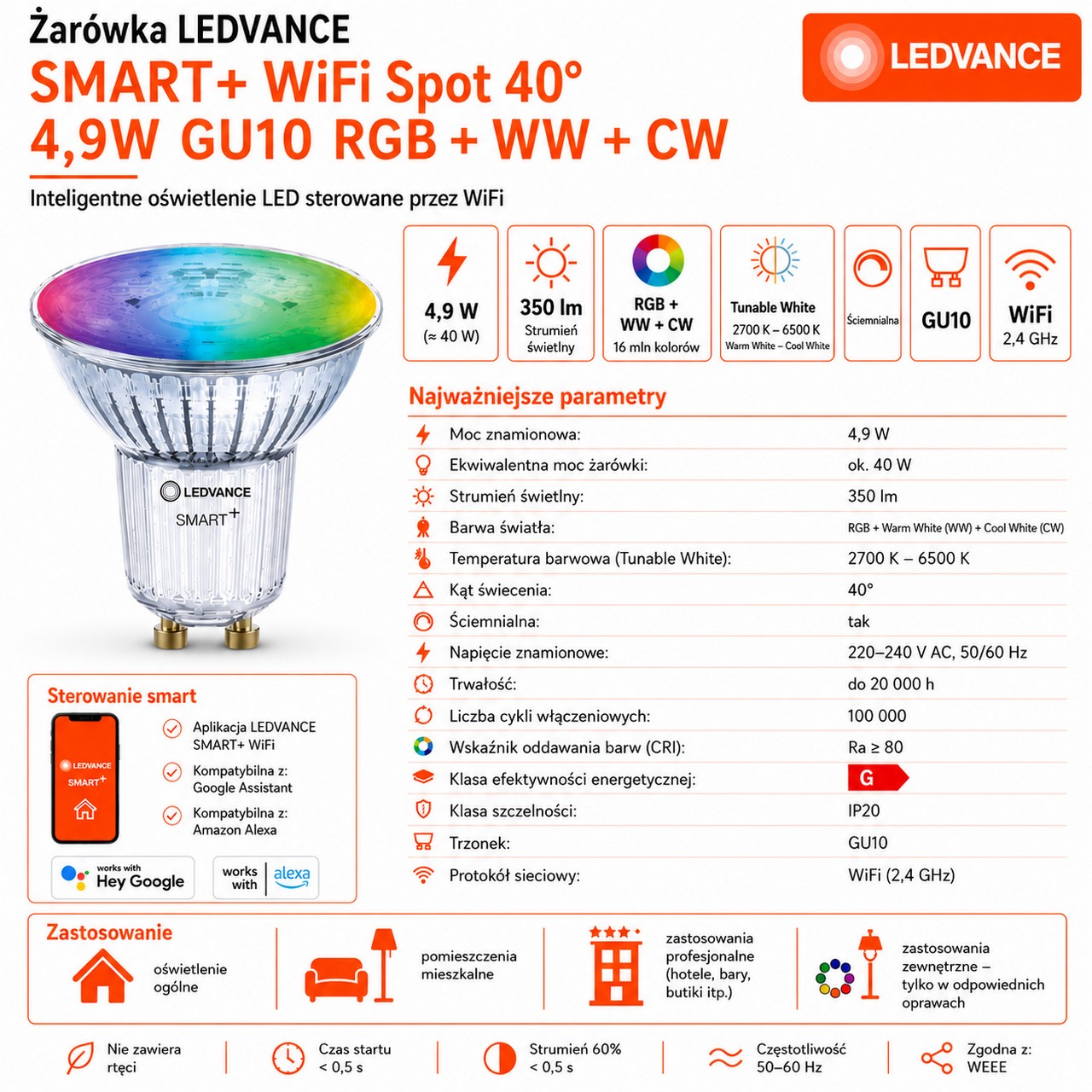 Żarówka LED SMART+ WIFI SPOT GU10 4,9W RGB+WW+CW ściemnialna 350lm