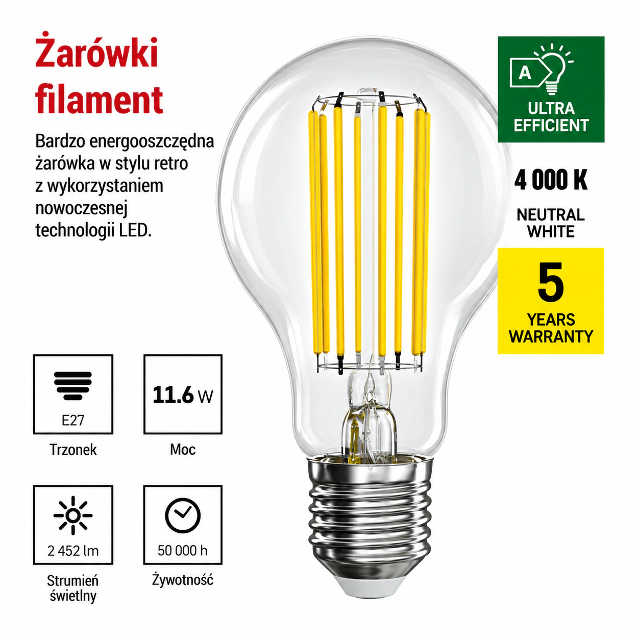 Żarówka LED filament A70 E27 11,6W 2452 lm 4000K klasa A