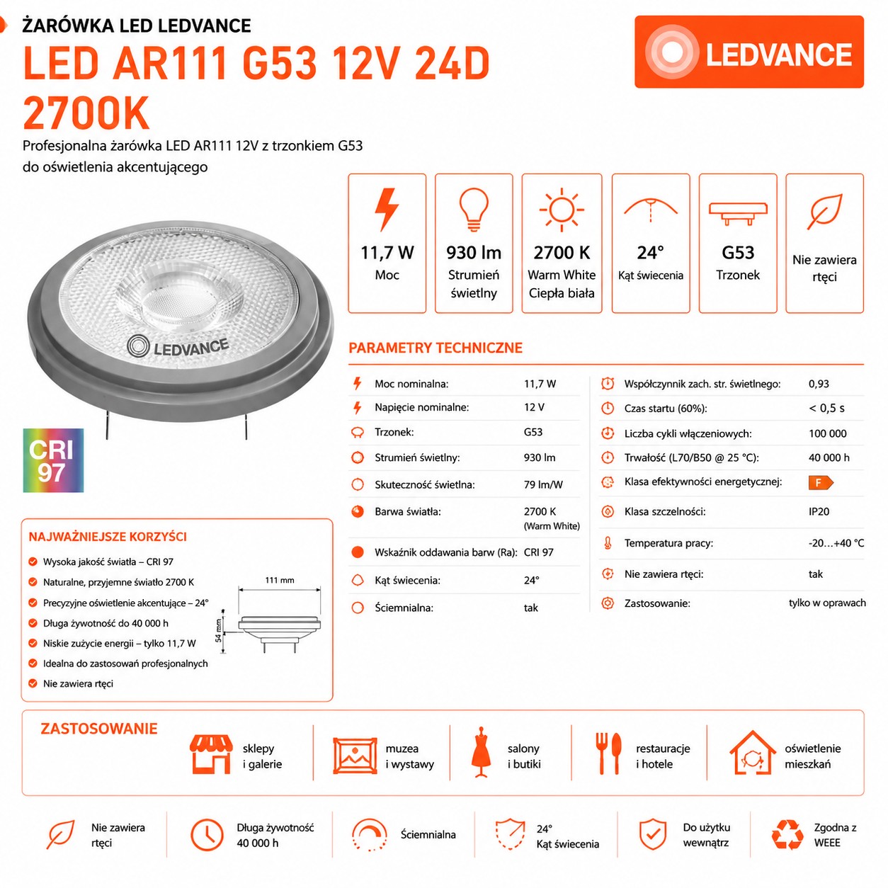 Żarówka LED reflektorowa AR111 G53 11.7W 2700K 800lm 24° DIM CRI97 12V