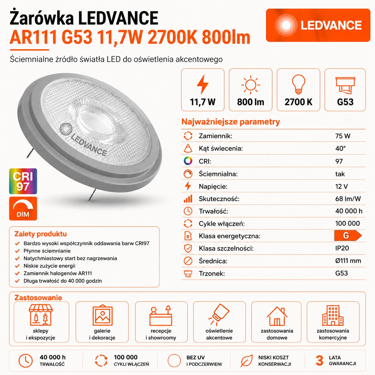 Żarówka LED reflektorowa AR111 G53 11.7W 2700K 800lm 40° DIM CRI97 12V