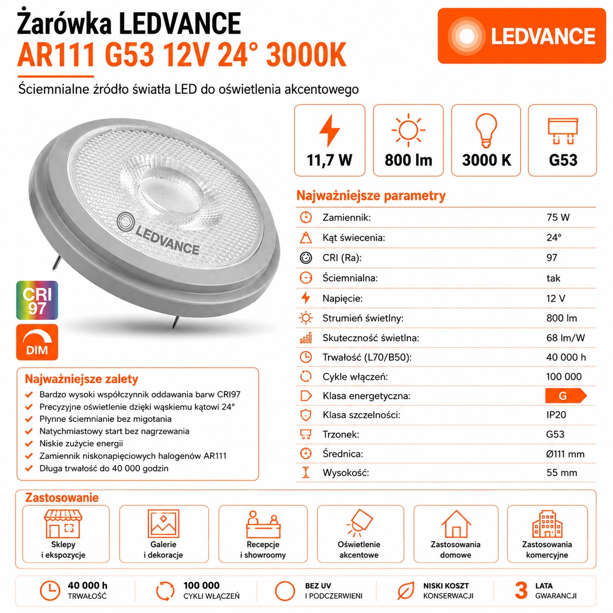 Żarówka LED reflektorowa AR111 G53 11.7W 3000K 800lm 24° DIM CRI97 12V