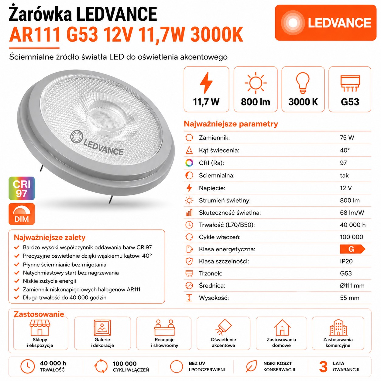 Żarówka LED reflektorowa AR111 G53 11.7W 3000K 800lm 40° DIM CRI97 12V