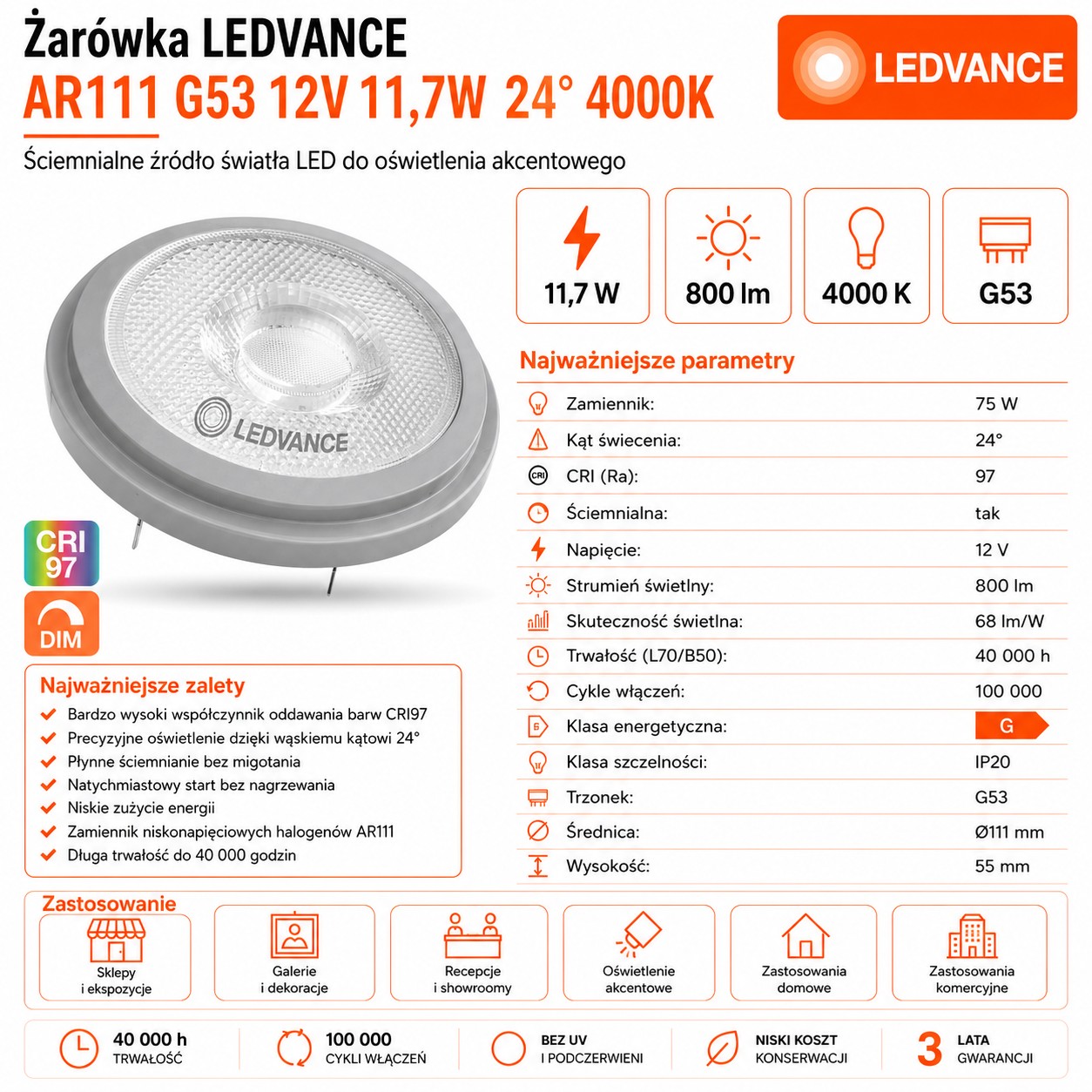 Żarówka LED reflektorowa AR111 G53 11.7W 4000K 800lm 24° DIM CRI97 12V