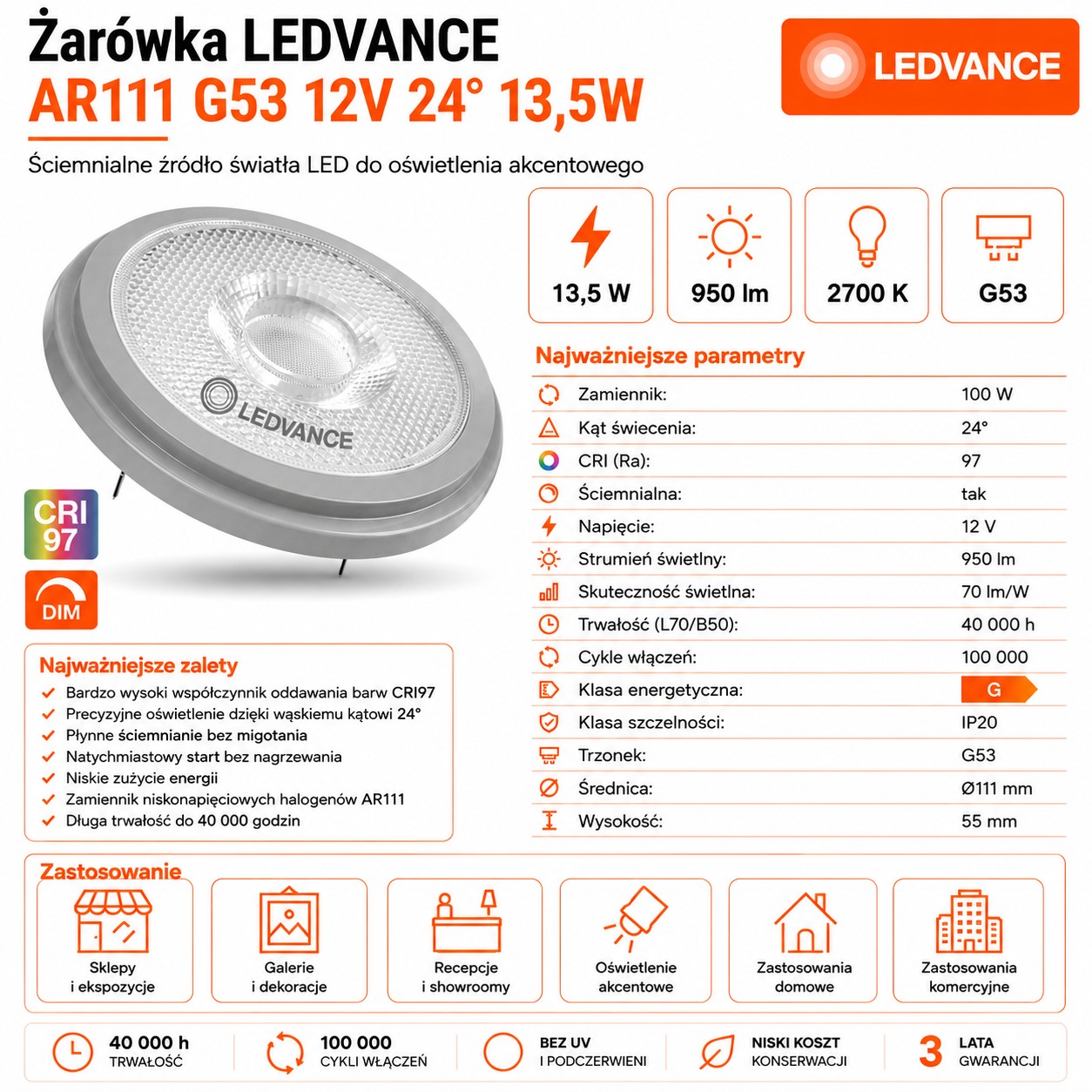 Żarówka LED reflektorowa AR111 G53 13.5W 2700K 950lm 24° DIM CRI97 12V