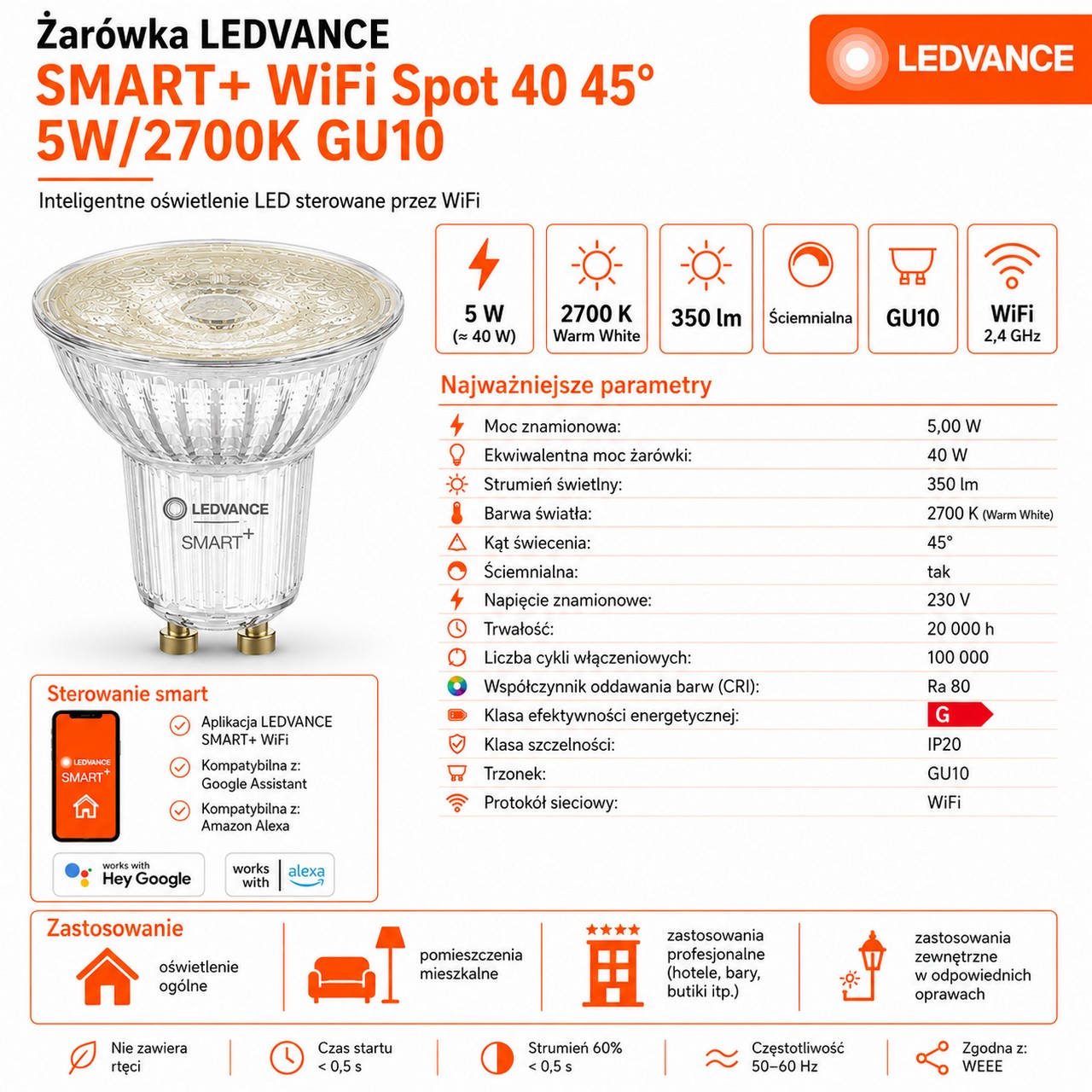 Żarówka LEDVANCE SMART+ WiFi GU10 5W 2700K