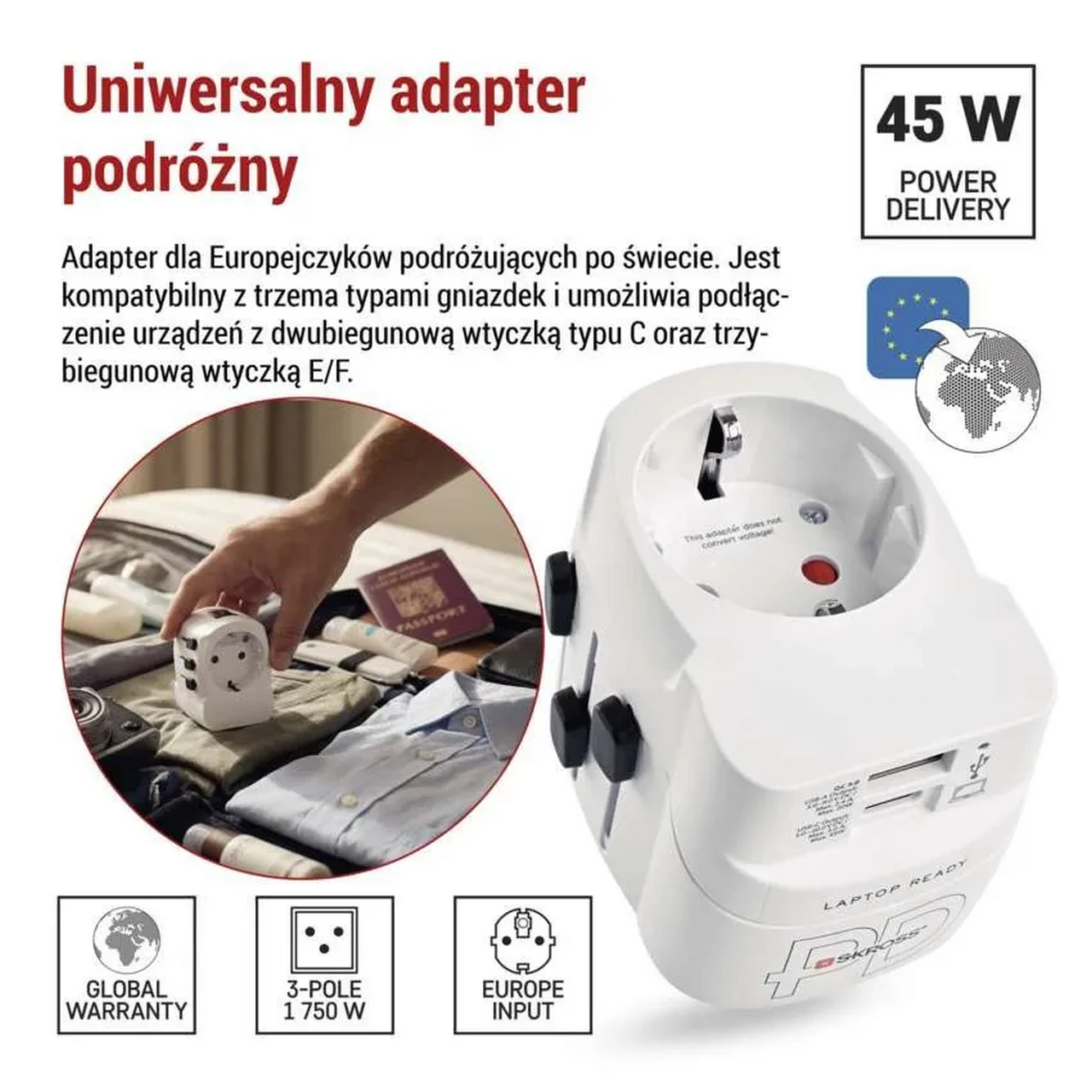 Adapter podróżny SKROSS PRO Light 7A USB-C PD 45W USB-A 20W biały