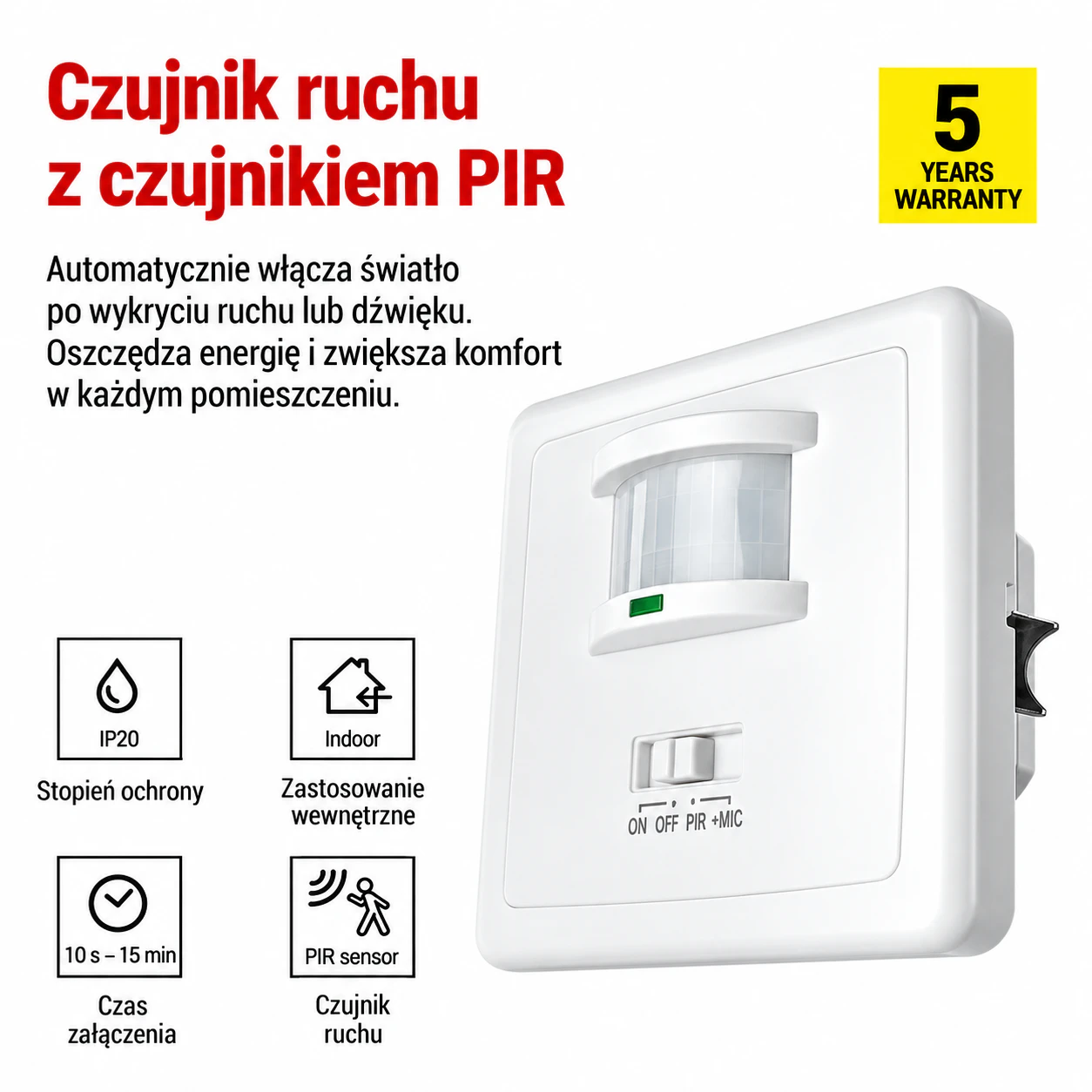 Biały czujnik ruchu PIR – 5 lat gwarancji