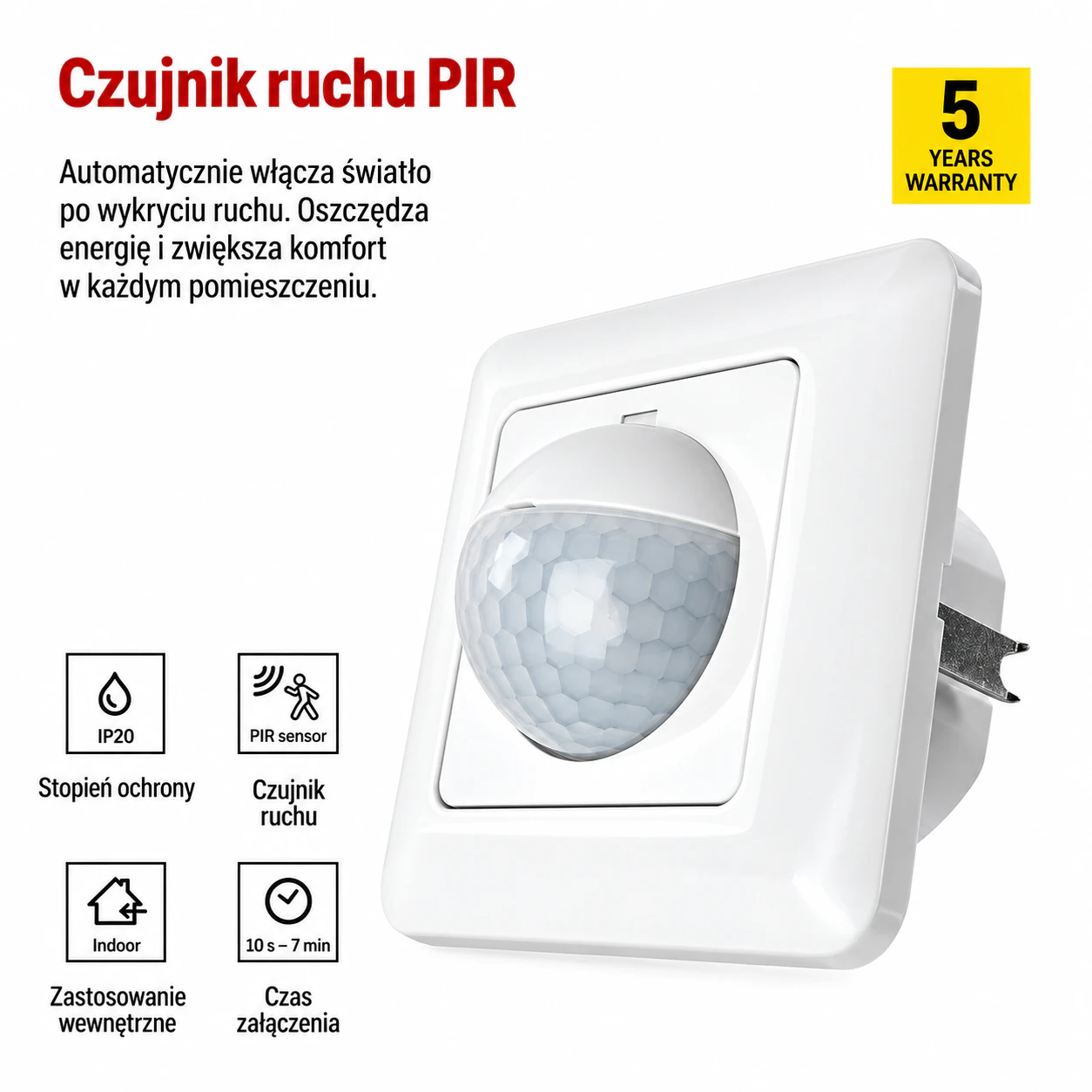 Biały czujnik ruchu PIR do wnętrz