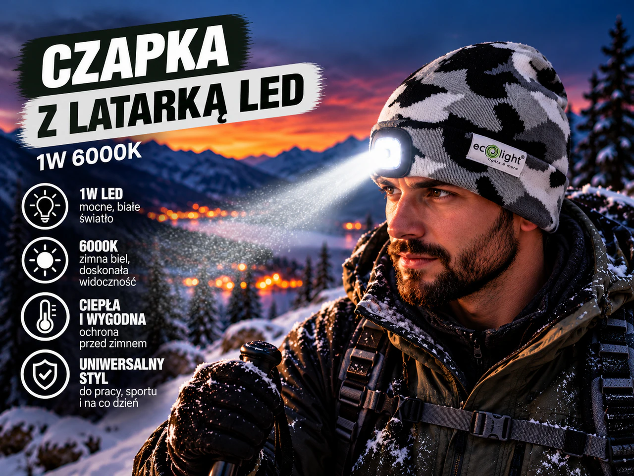 Czapka LED w zimowych górach