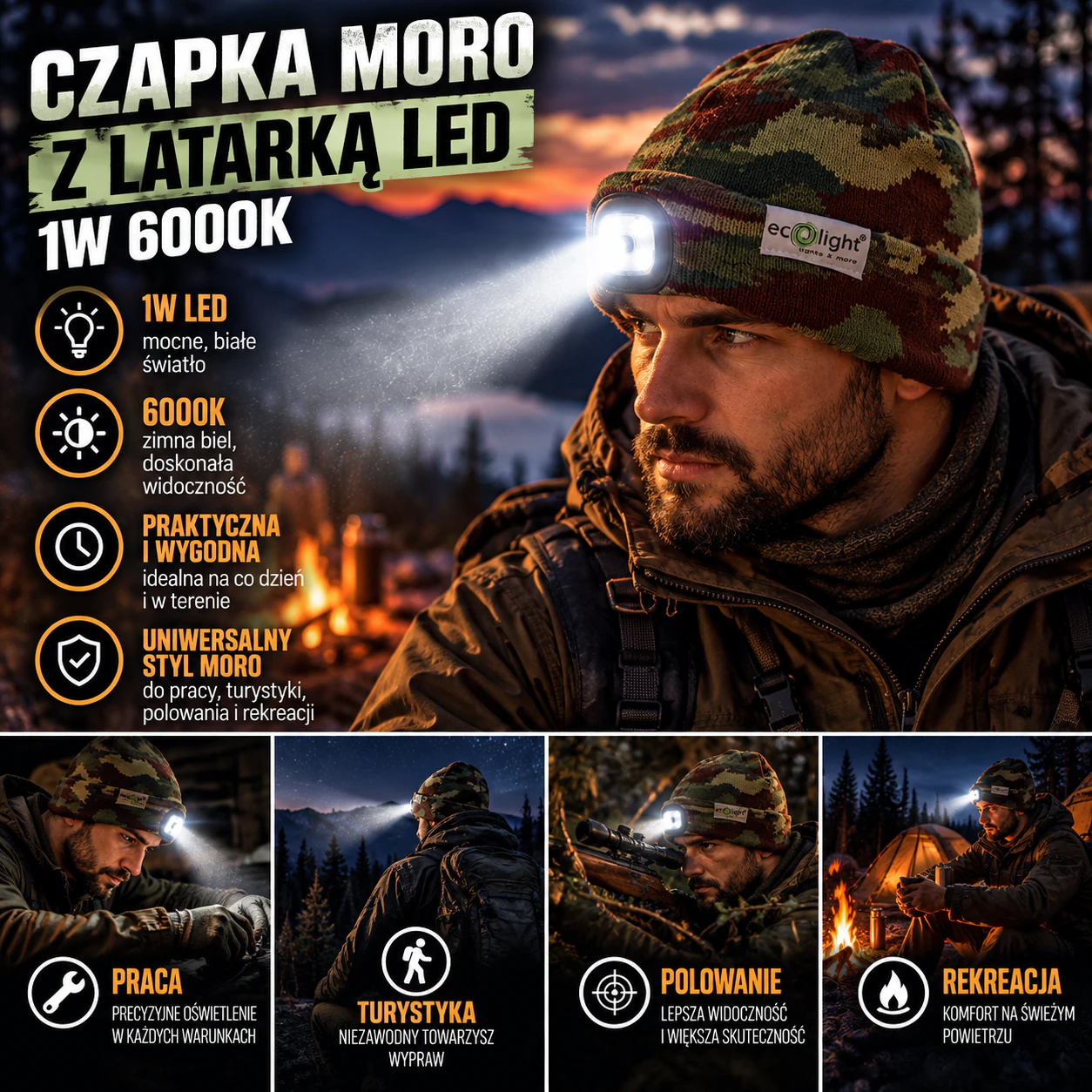 Czapka moro z latarką LED Eco Light 1W 70lm 6000K