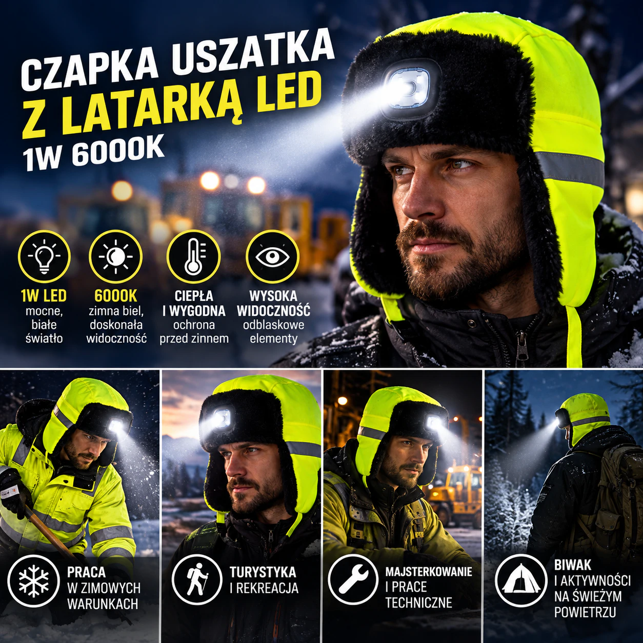 Czapka uszatka LED na zimową widoczność
