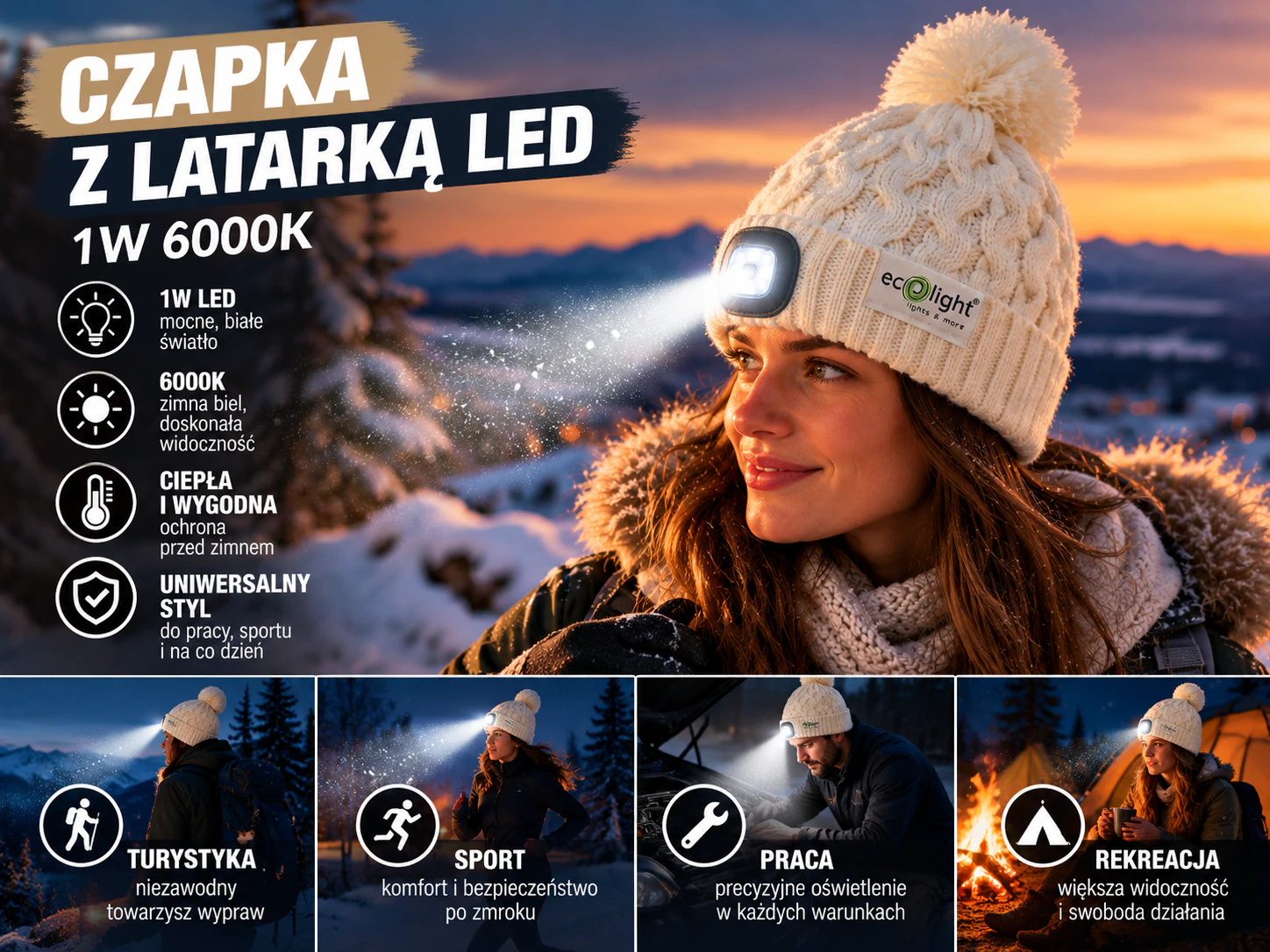 Czapka z latarką LED – zimowa reklama