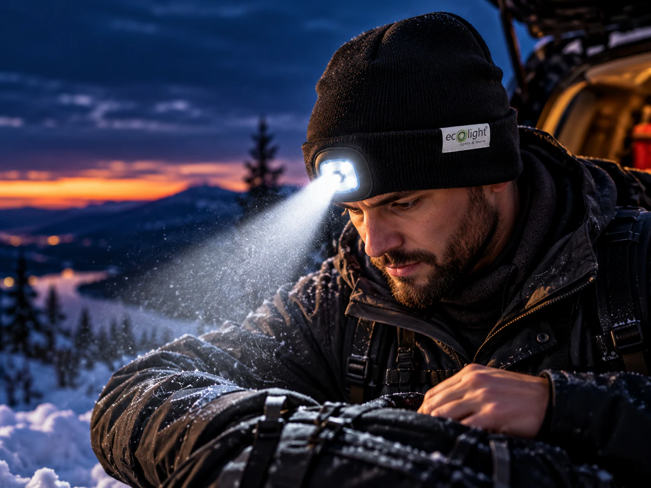 Czarna czapka Eco Light z włączonym oświetleniem LED zastosowanie