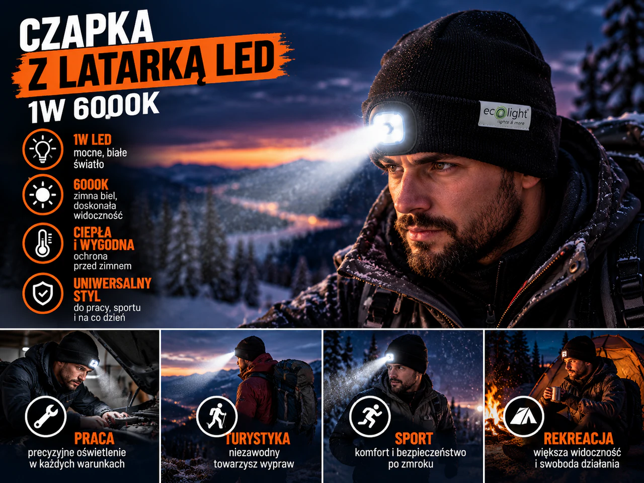 Czarna czapka Eco Light z włączonym oświetleniem LED