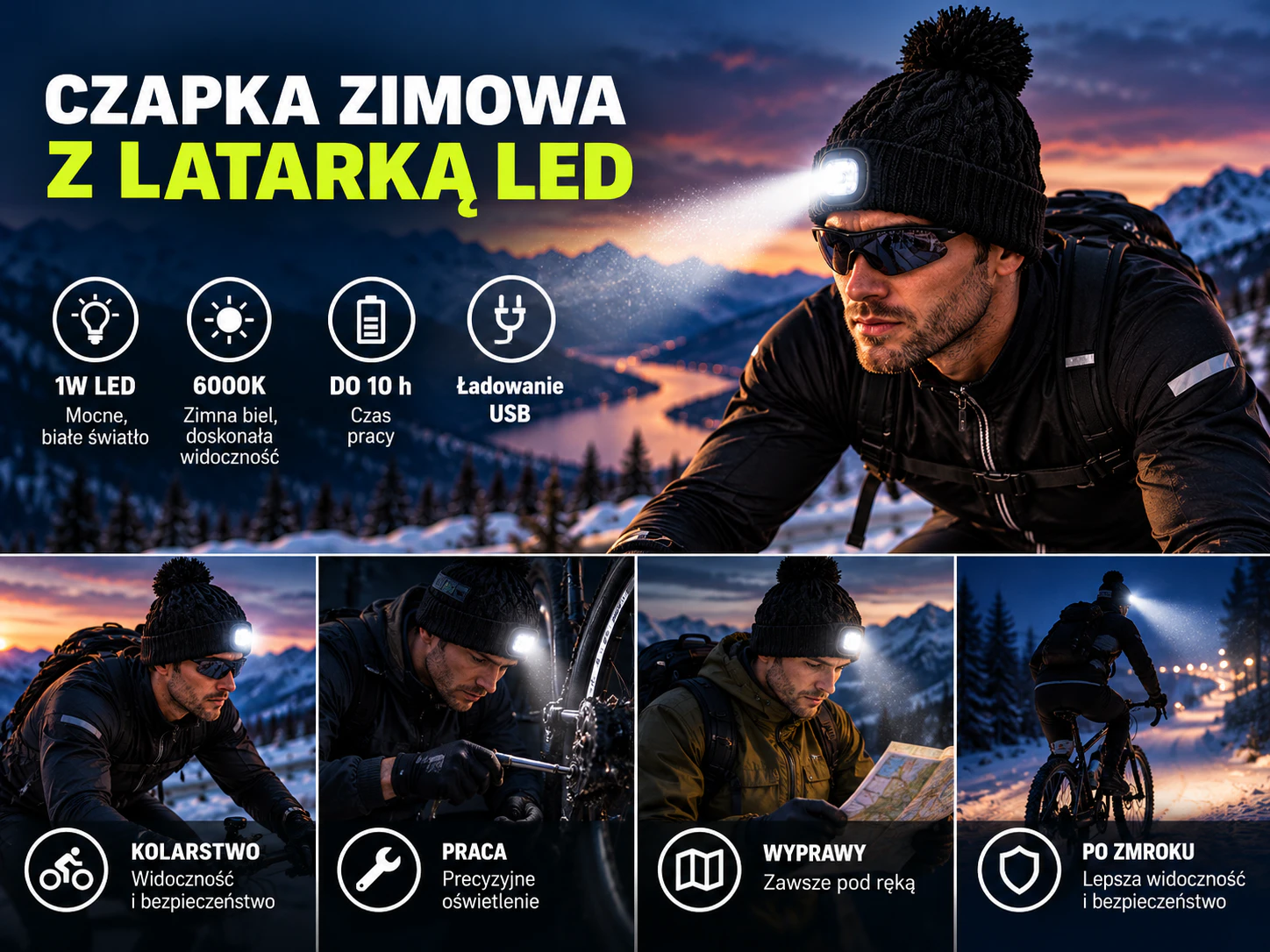 Czarna czapka zimowa Eco Light ze świecącą latarką