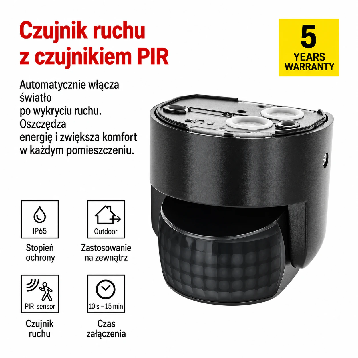 Czarny czujnik ruchu PIR IP65