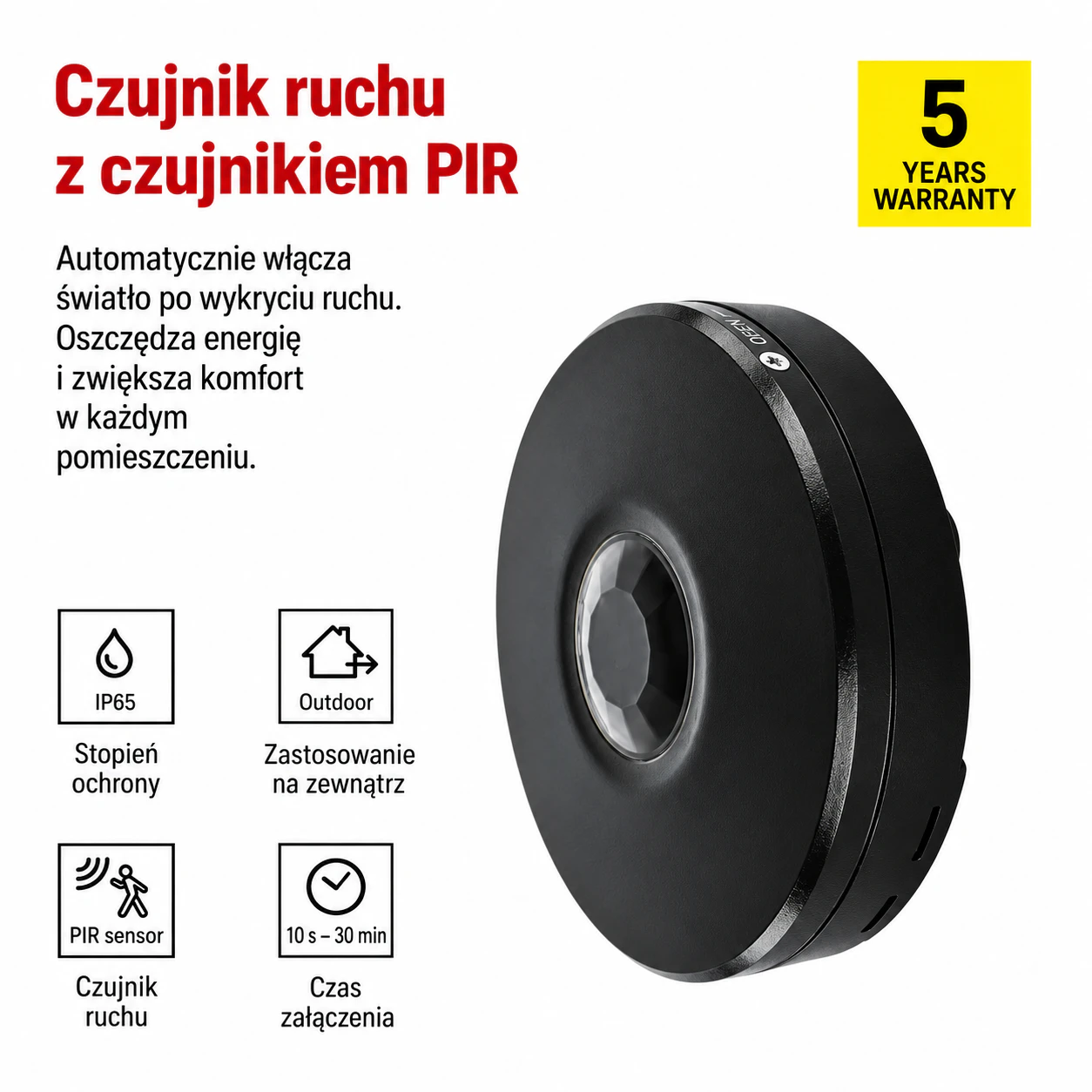 Czarny czujnik ruchu PIR z gwarancją