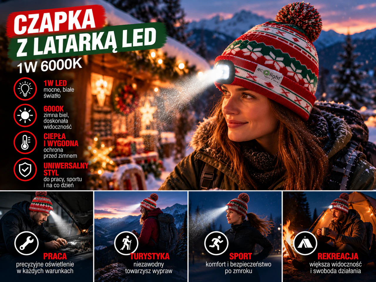Czerwono-zielona czapka zimowa z latarką LED Eco Light