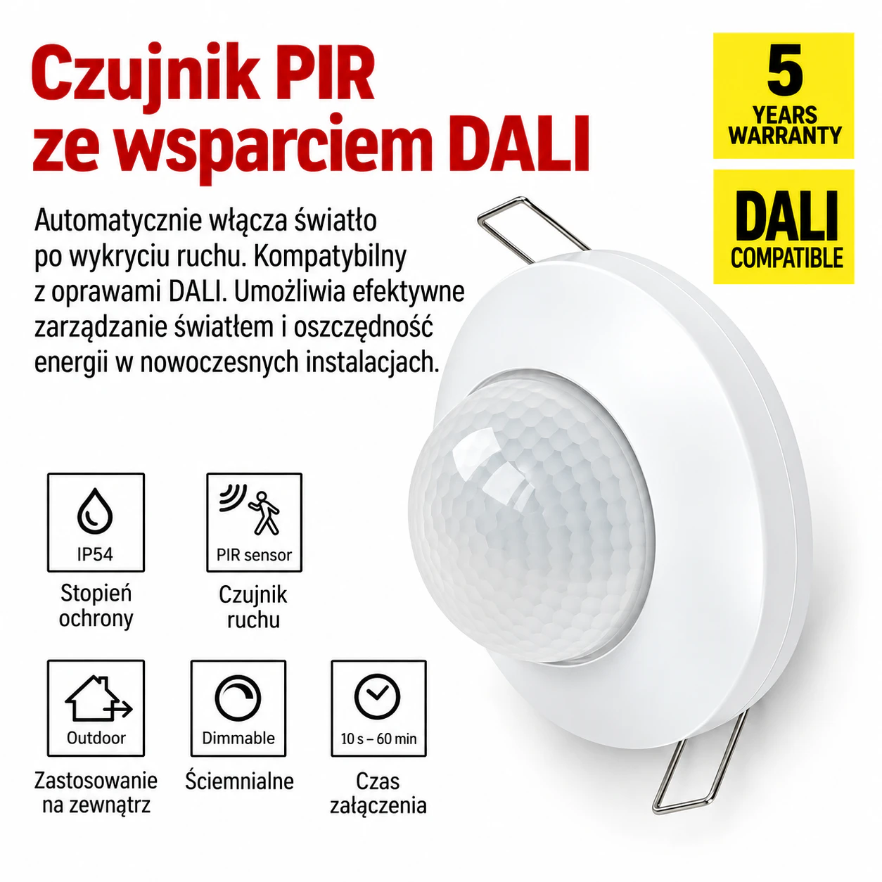 Czujnik ruchu PIR DALI 360° 10 m IP54 biały