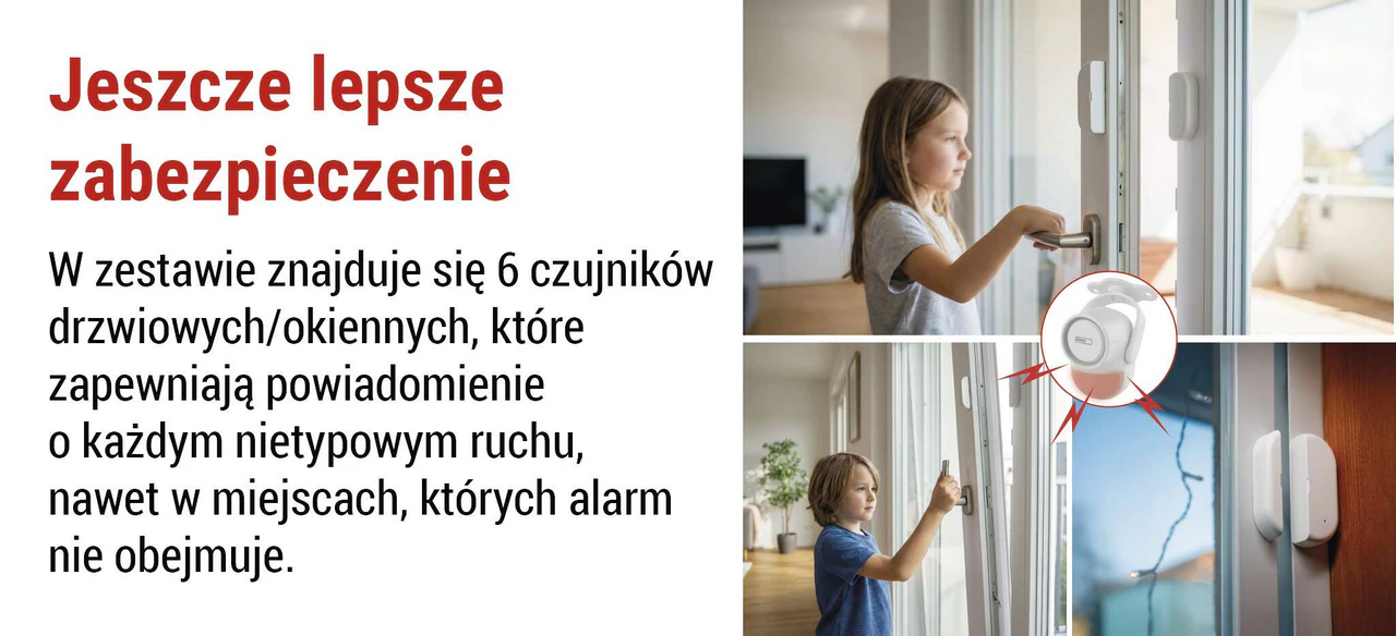 Czujnik ruchu PIR i sześć czujników otwarcia drzwi lub okien