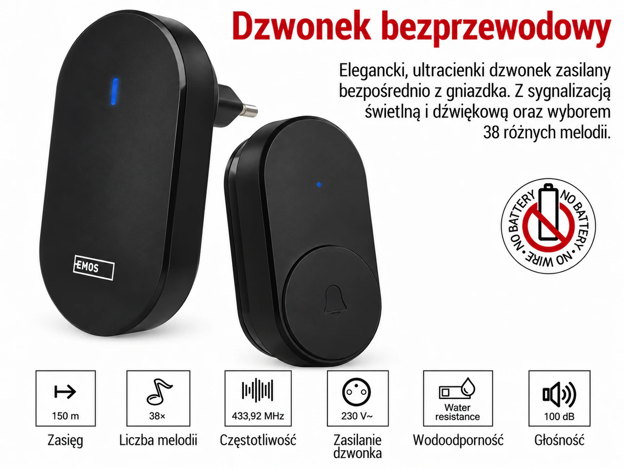 Dzwonek bezprzewodowy EMOS P5739B to czarny