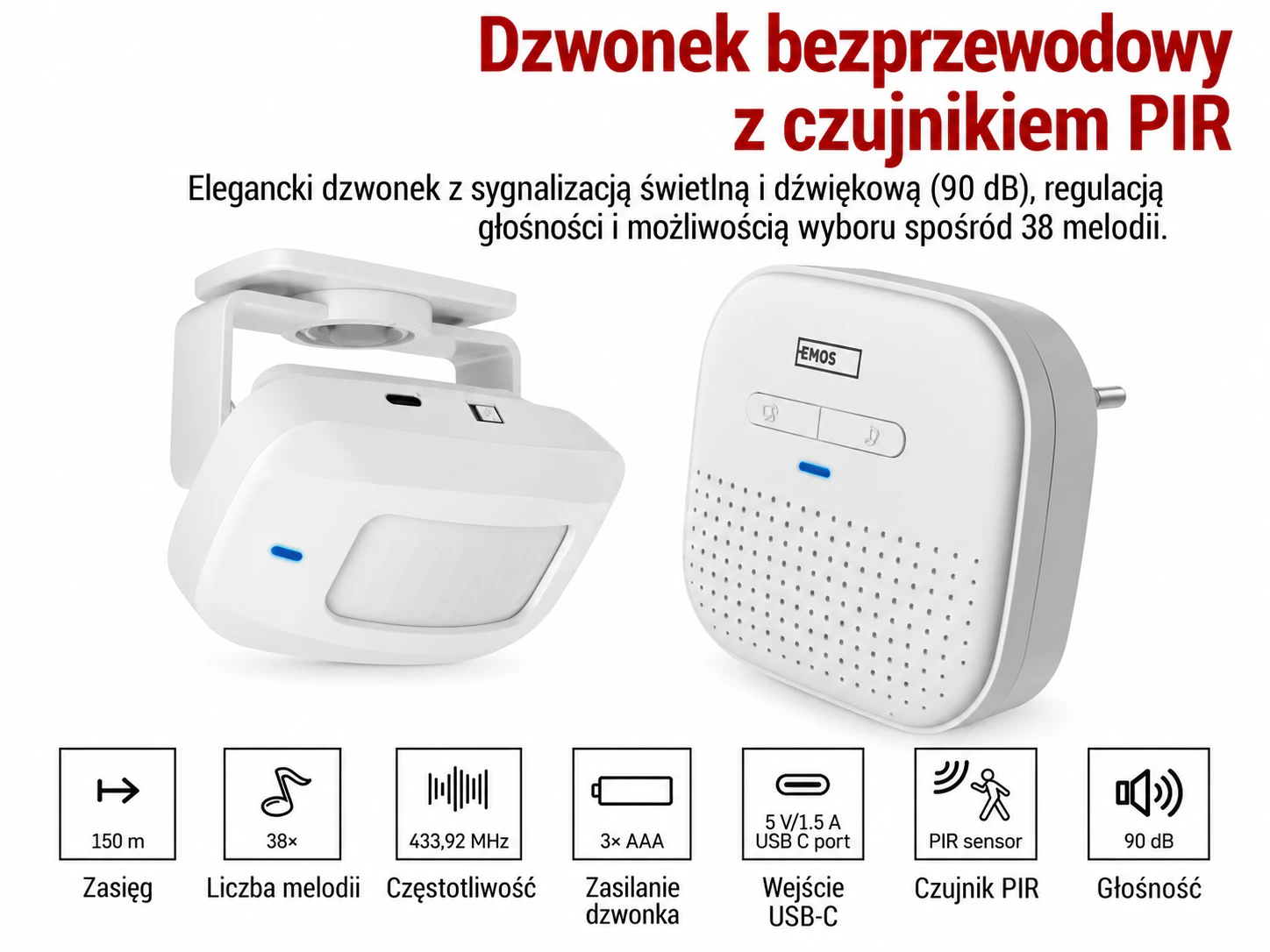 Dzwonek bezprzewodowy EMOS P57P02 z czujnikiem ruchu PIR 150m – biały