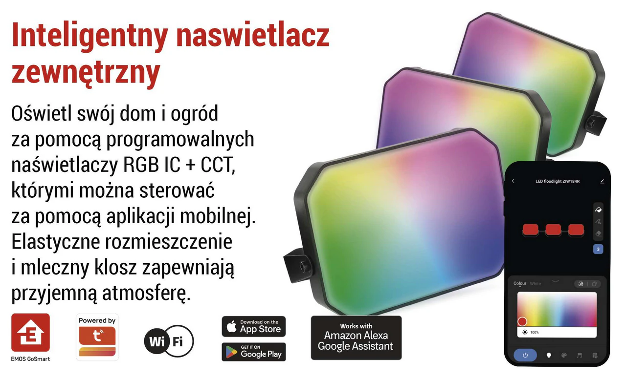 EMOS GoSmart ZIW184R to zestaw startowy trzech zewnętrznych reflektorów LED RGBIC + CCT