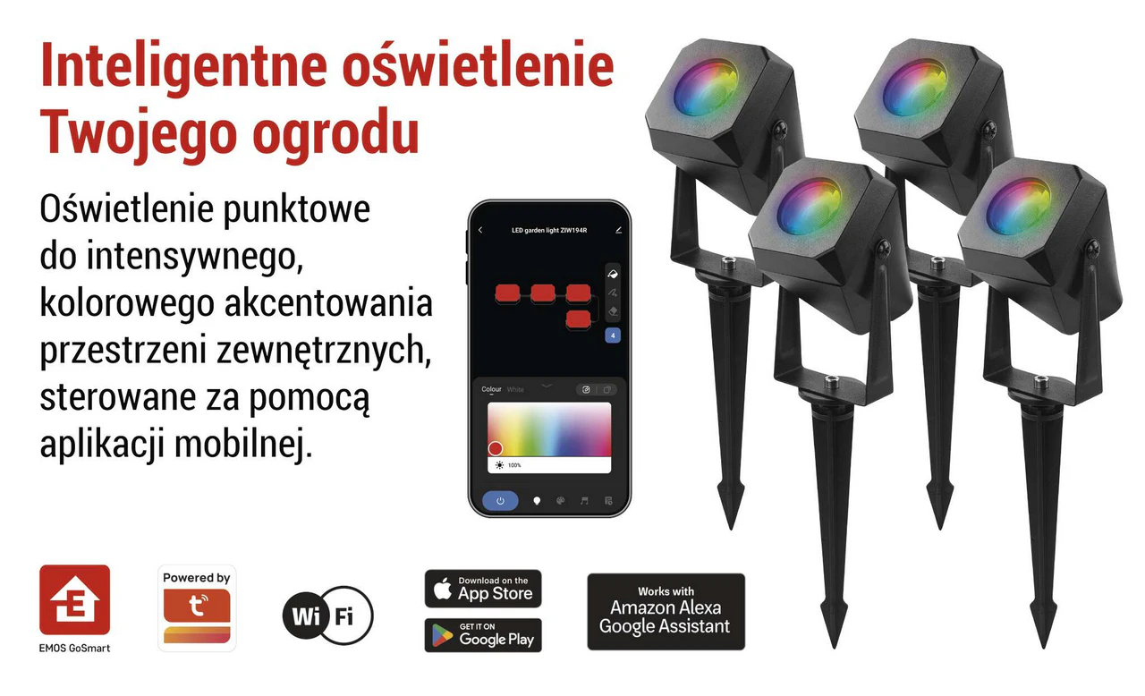 EMOS GoSmart ZIW194R to zestaw startowy czterech zewnętrznych lamp punktowych LED RGBIC + CCT