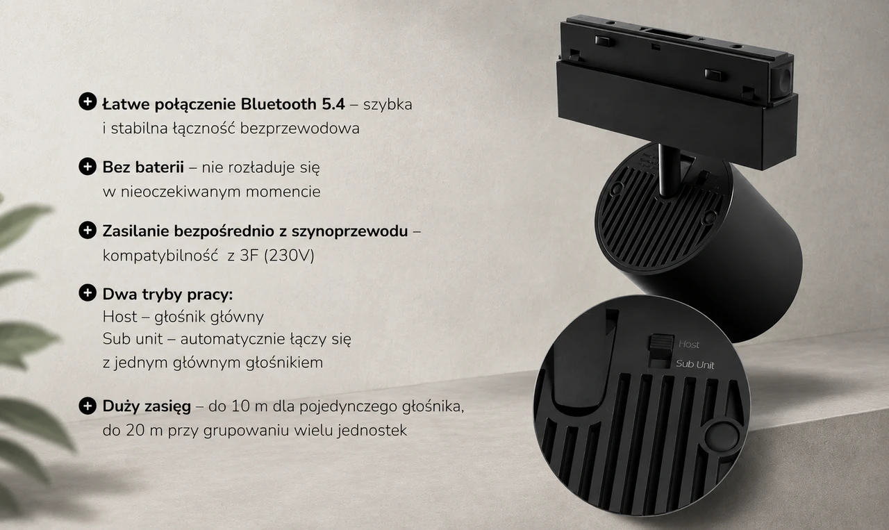 Głośnik Bluetooth na szynę 3F 230V 10W czarny funkcjonalność