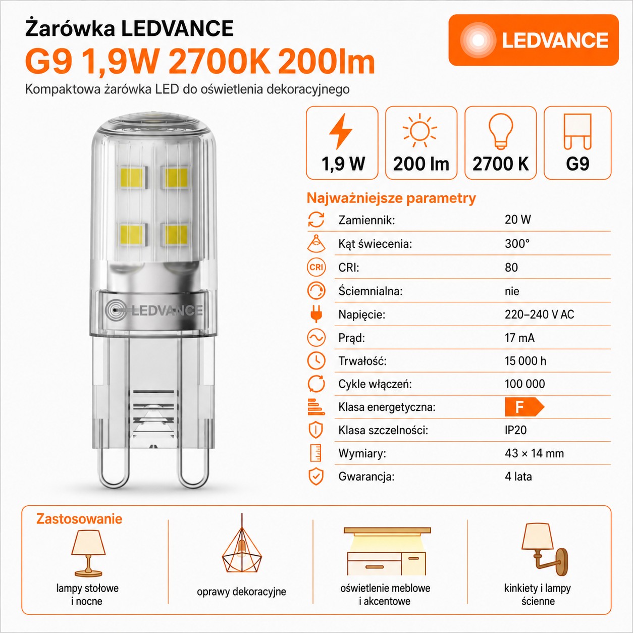 Żarówka LED G9 1.9W 2700K 200lm Clear PIN20 300°
