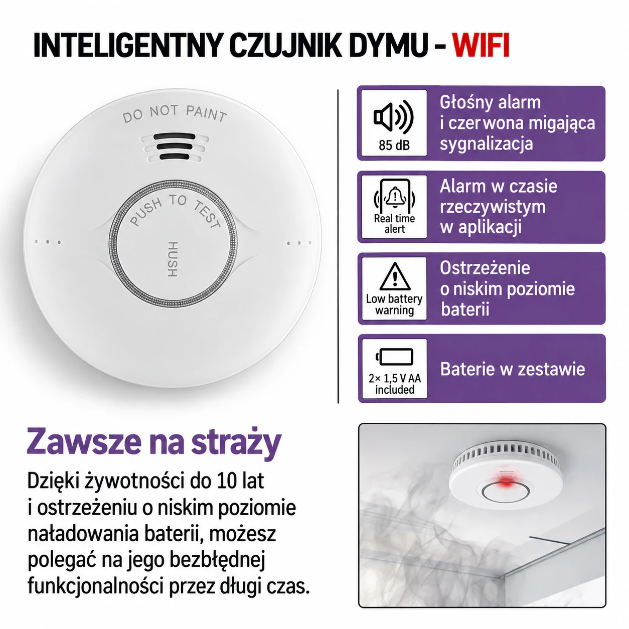 Inteligentny czujnik dymu WiFi – 10 lat ochrony