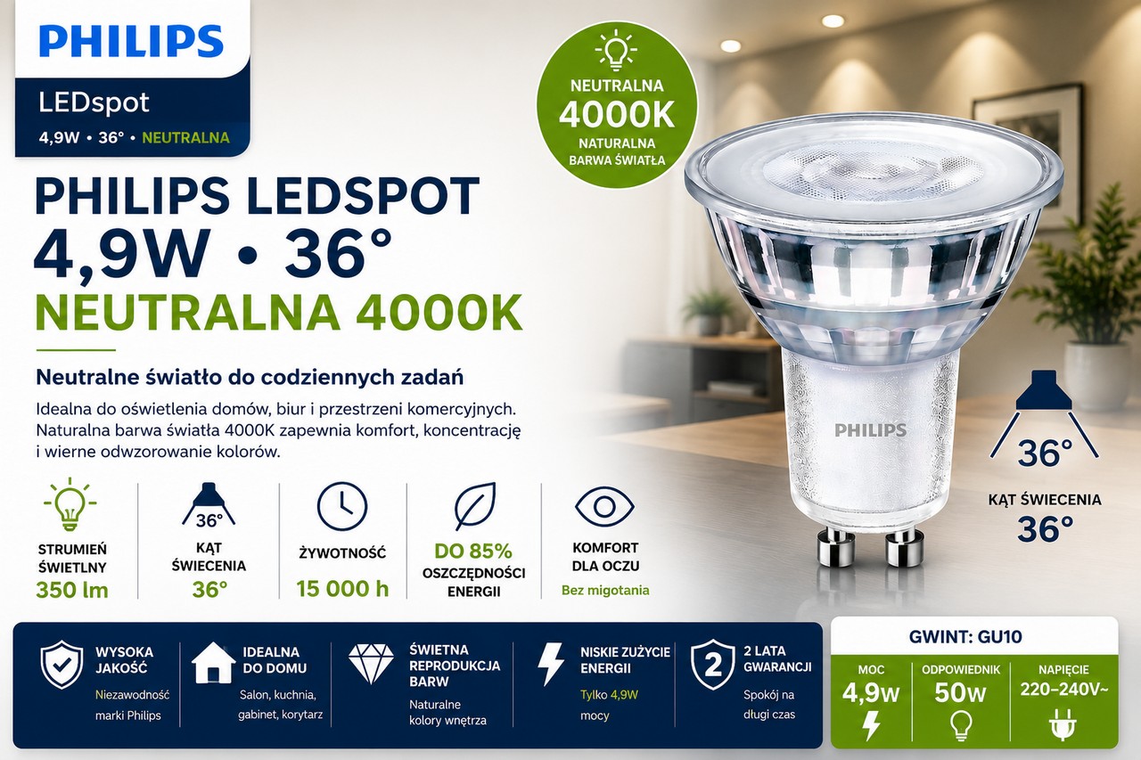 Żarówka LED GU10 4,9W 36D biała neutralna PHILIPS 